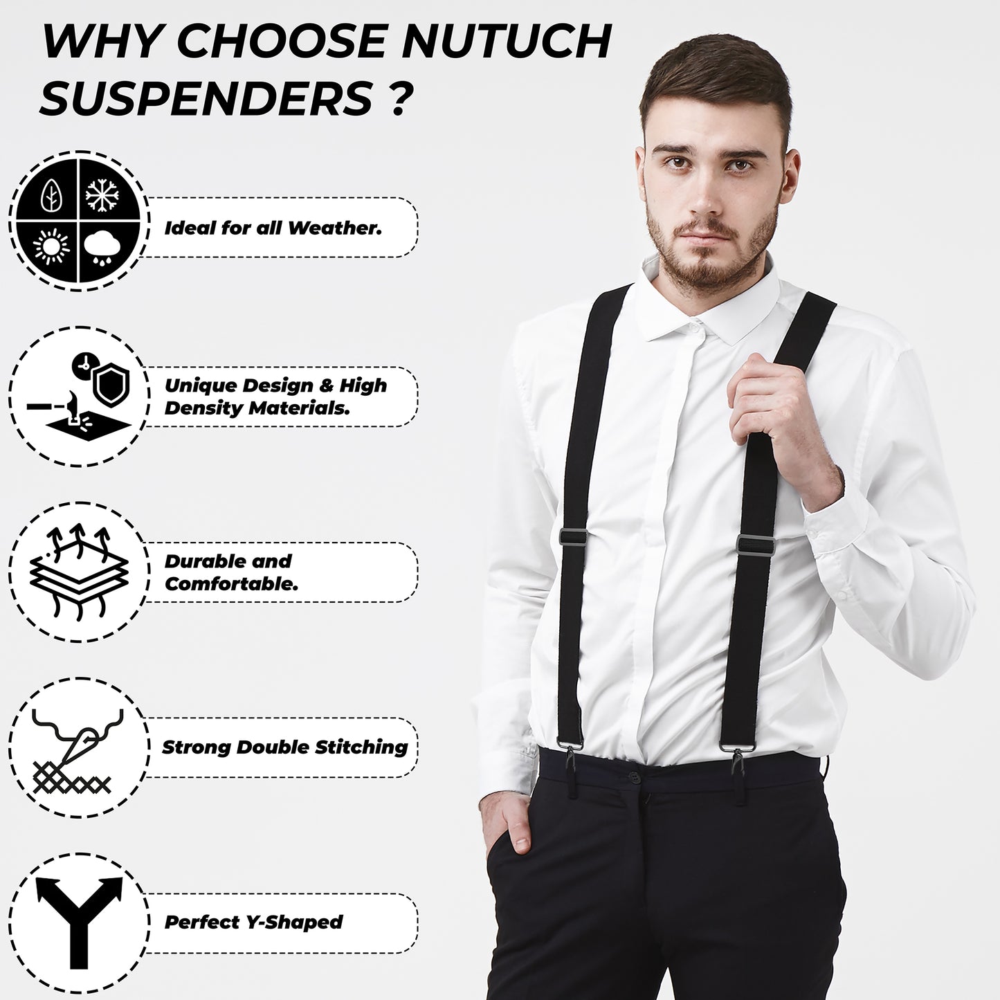 NUTUCH Black Suspender for Men | Heavy Duty adjustable Dress Suspender | Snap Hooks for Belt Loop | Men Suspender for Jeans | Y Style | Men Fashion | NT-652-S
