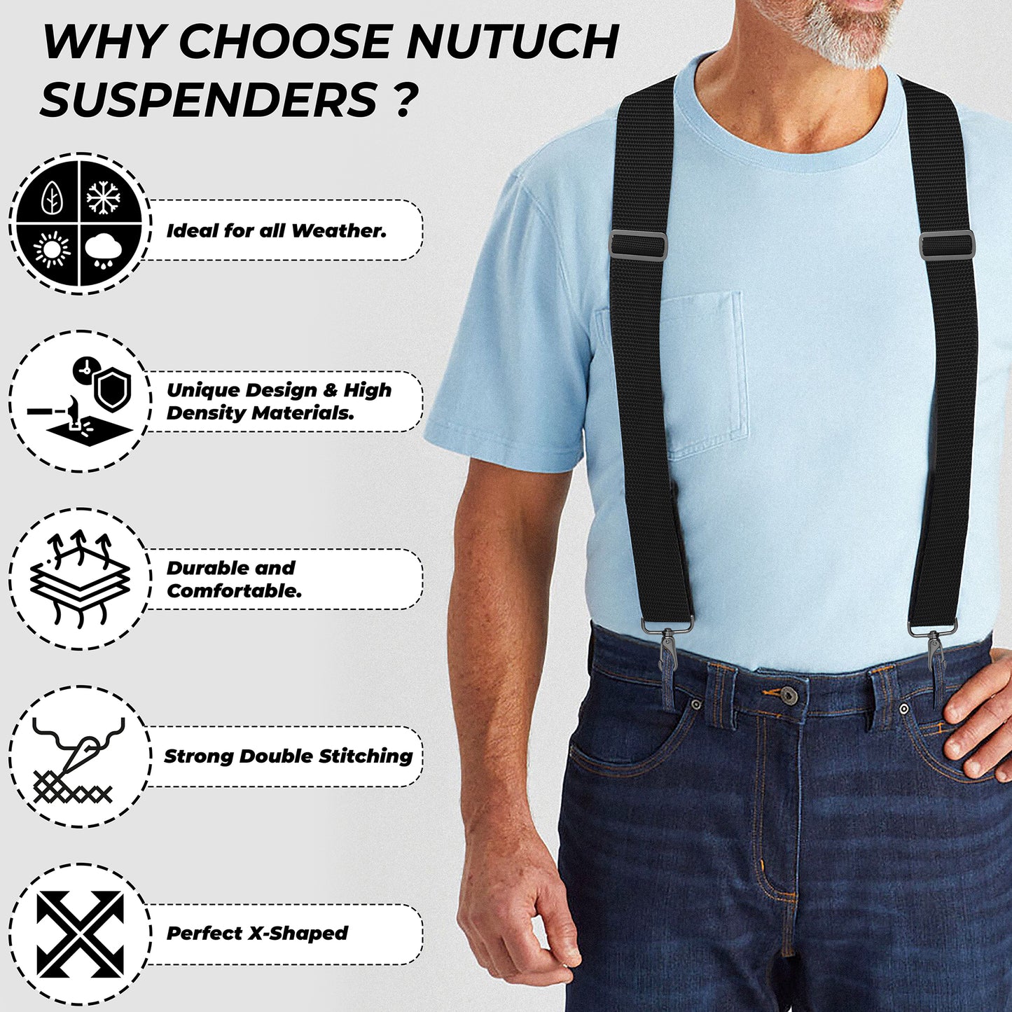 NUTUCH Black Suspender for Men | Heavy Duty adjustable Dress Suspender | Snap Hooks for Belt Loop | Men Suspender for Jeans | X Style | Men Fashion | NT-651-S