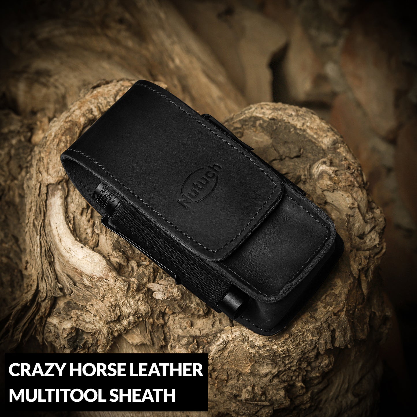NUTUCH Black Leather EDC Multitool Sheath with Flip Closure | Leather EDC Belt Organizer | Flashlight Holster | Heavy Duty Multitool Organizer | Flashlight, Pen, Keychain Clip Ideal Gift for Men | NT-514-EDC-BL