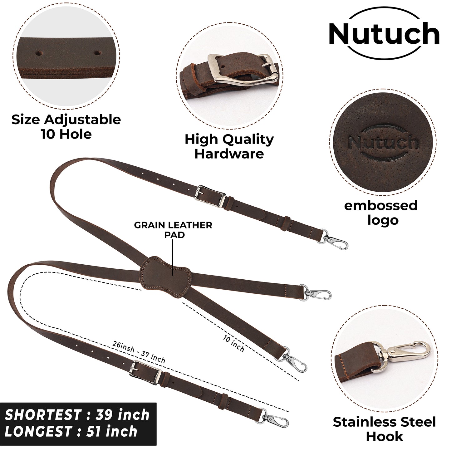 NUTUCH | Grain Buffalo Leather Suspender for Men | Vintage Suspenders | Leather Braces | Western Heavy Duty Dress Suspender men | NT-604-S