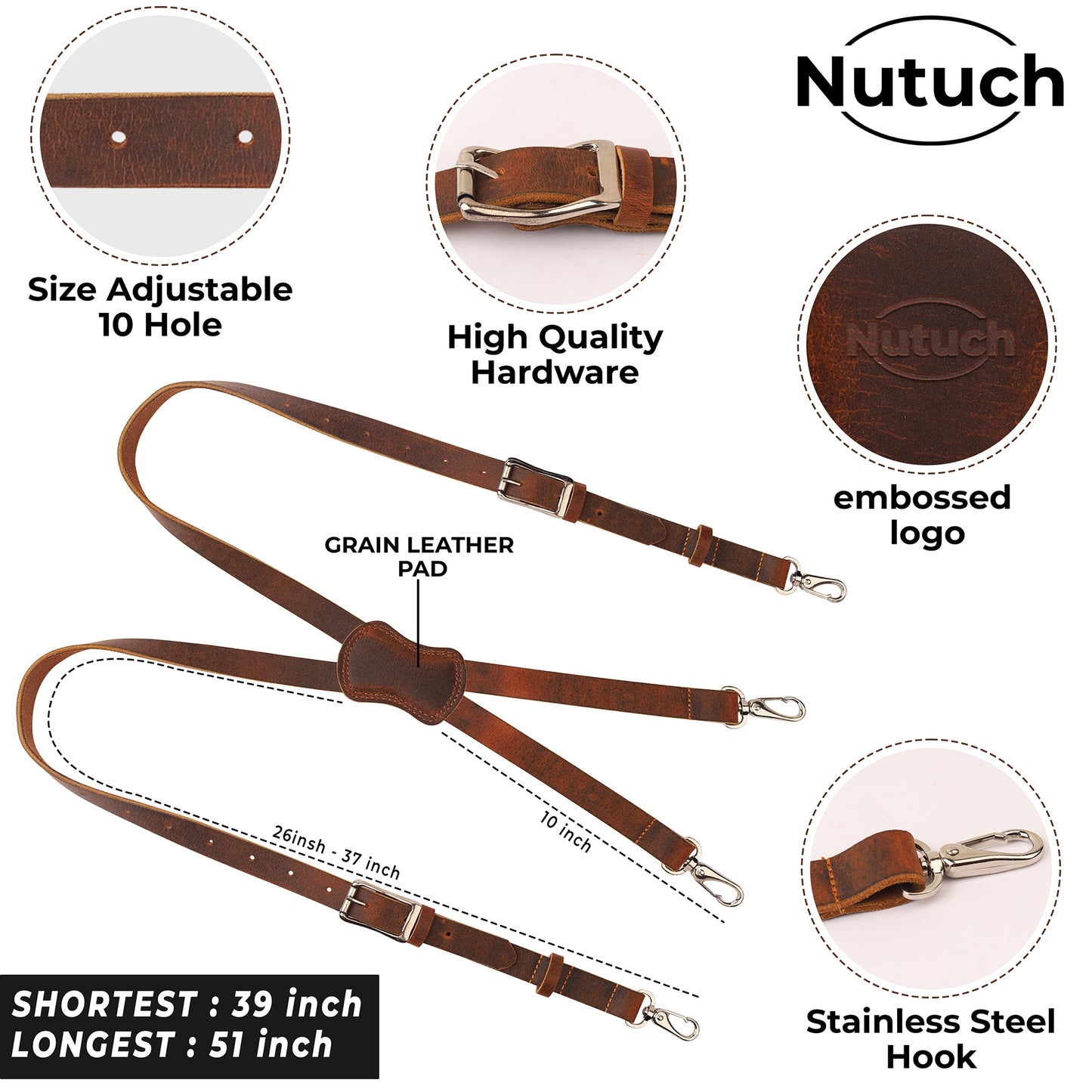 NUTUCH Grain Buffalo Leather Suspender for Men | Vintage Suspenders | Leather Braces | Western Heavy Duty Dress Suspender men NT-606-S