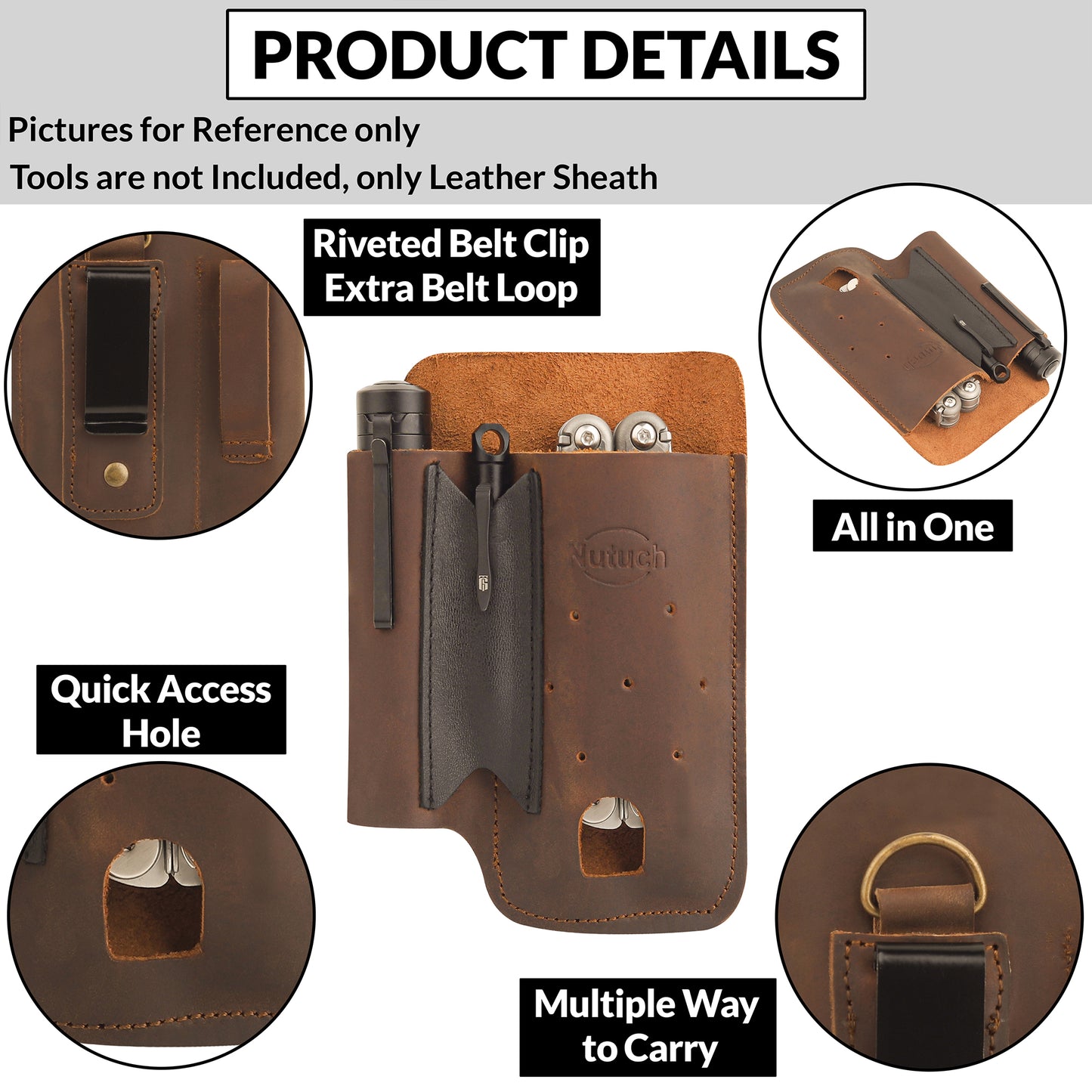 NUTUCH Leather EDC Multitool Sheath | Leather EDC Belt Organizer | Flashlight Holster | Heavy Duty Leatherman Multitool Organizer | Flashlight, Pen, Keychain Clip Ideal Gift for Men| NT-513-EDC-BR