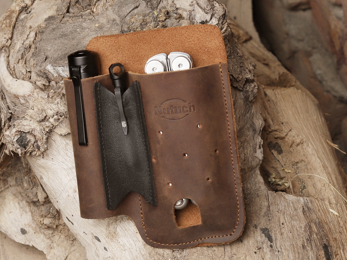 NUTUCH Leather EDC Multitool Sheath | Leather EDC Belt Organizer | Flashlight Holster | Heavy Duty Leatherman Multitool Organizer | Flashlight, Pen, Keychain Clip Ideal Gift for Men| NT-513-EDC-BR
