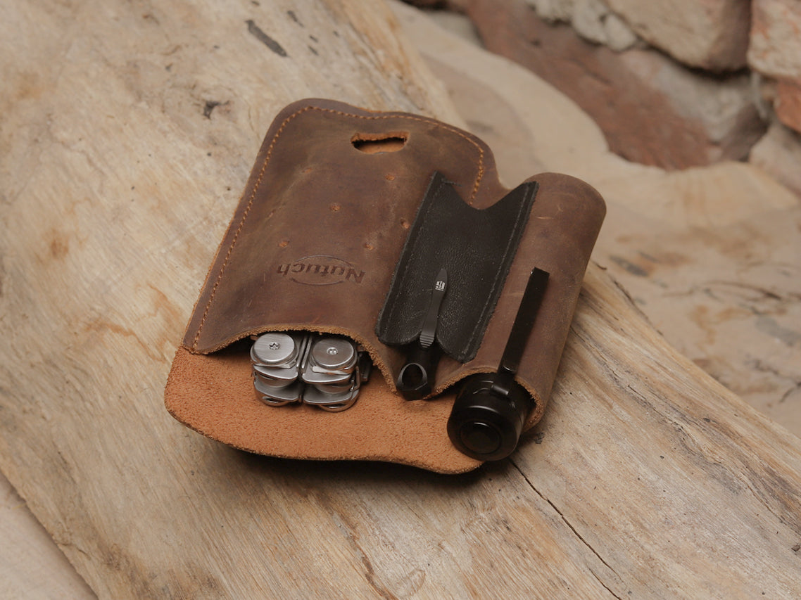 NUTUCH Leather EDC Multitool Sheath | Leather EDC Belt Organizer | Flashlight Holster | Heavy Duty Leatherman Multitool Organizer | Flashlight, Pen, Keychain Clip Ideal Gift for Men| NT-513-EDC-BR
