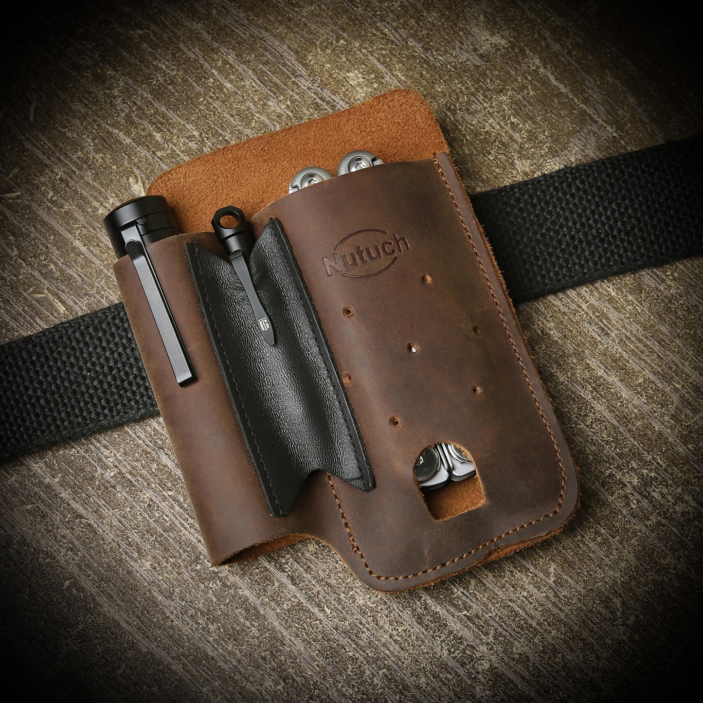 NUTUCH Leather EDC Multitool Sheath | Leather EDC Belt Organizer | Flashlight Holster | Heavy Duty Leatherman Multitool Organizer | Flashlight, Pen, Keychain Clip Ideal Gift for Men| NT-513-EDC-BR