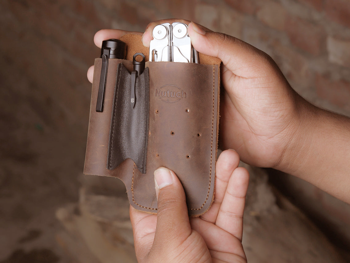 NUTUCH Leather EDC Multitool Sheath | Leather EDC Belt Organizer | Flashlight Holster | Heavy Duty Leatherman Multitool Organizer | Flashlight, Pen, Keychain Clip Ideal Gift for Men| NT-513-EDC-BR