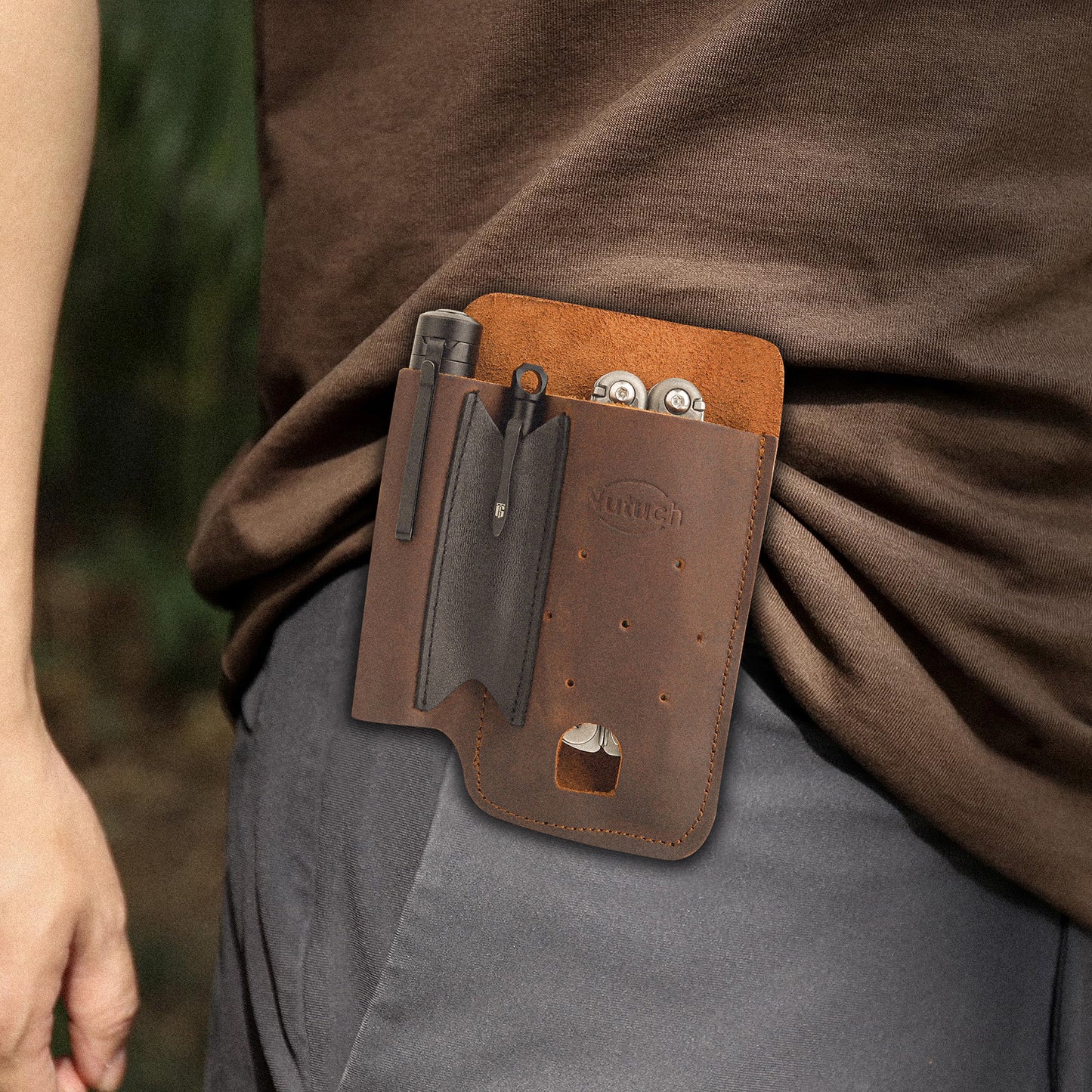 NUTUCH Leather EDC Multitool Sheath | Leather EDC Belt Organizer | Flashlight Holster | Heavy Duty Leatherman Multitool Organizer | Flashlight, Pen, Keychain Clip Ideal Gift for Men| NT-513-EDC-BR