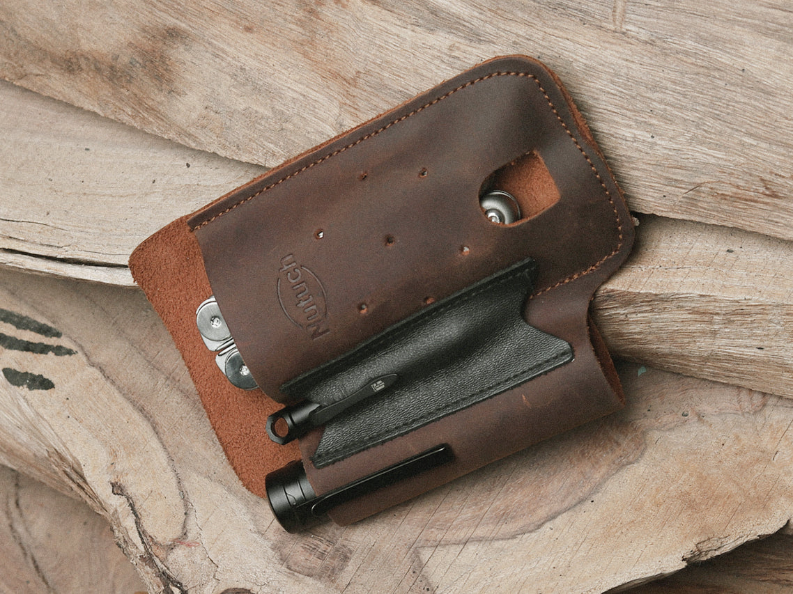 NUTUCH Leather EDC Multitool Sheath | Leather EDC Belt Organizer | Flashlight Holster | Heavy Duty Leatherman Multitool Organizer | Flashlight, Pen, Keychain Clip Ideal Gift for Men| NT-513-EDC-BR