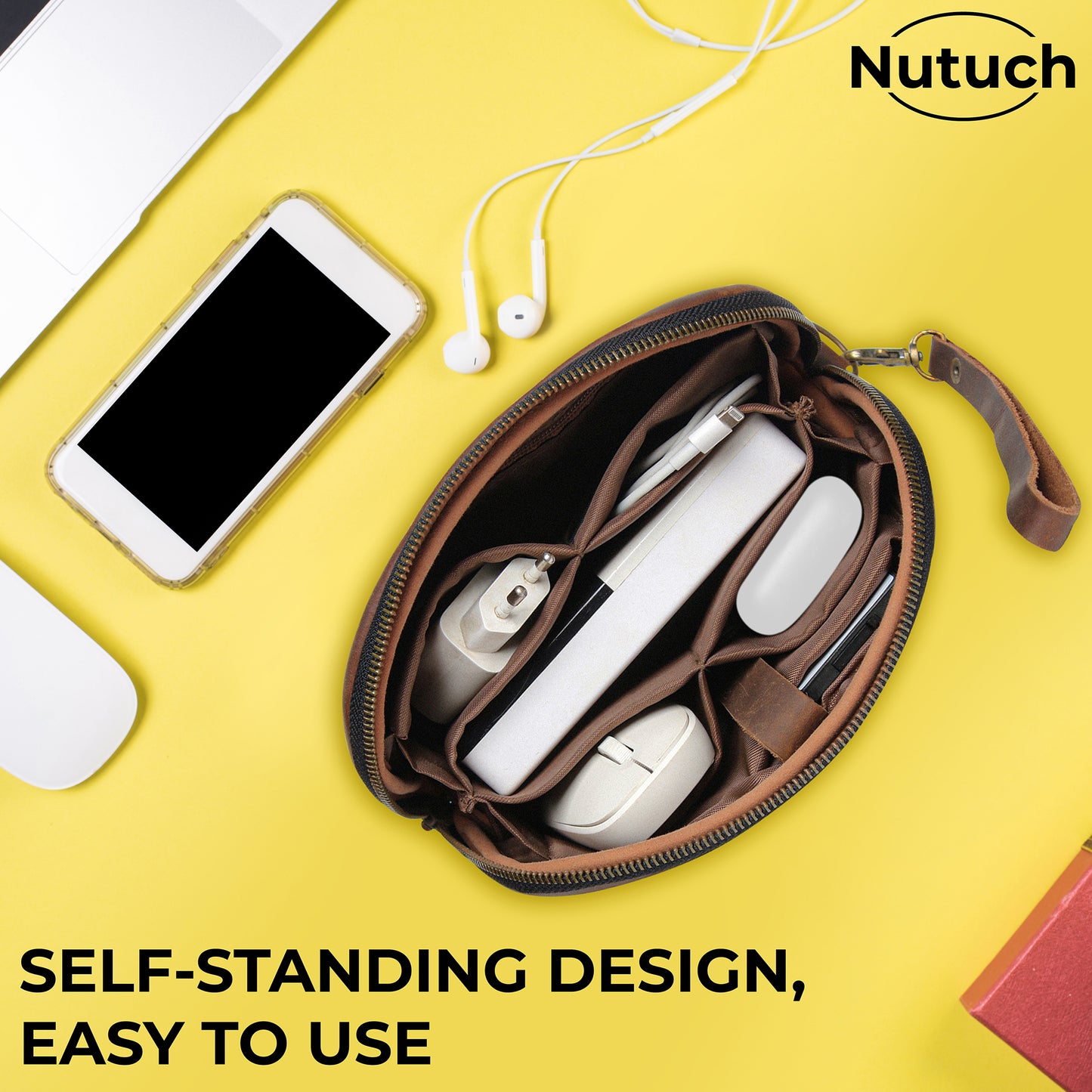 NUTUCH Leather Tech Pouch for Cables Chargers Phone | Tech Bag | Zipper Travel Accessory Pouch | Electronic Organizer Accessory for MacBook Charger, Cables, Power Bank, Cords, Case Travel Bag | NT-703-T