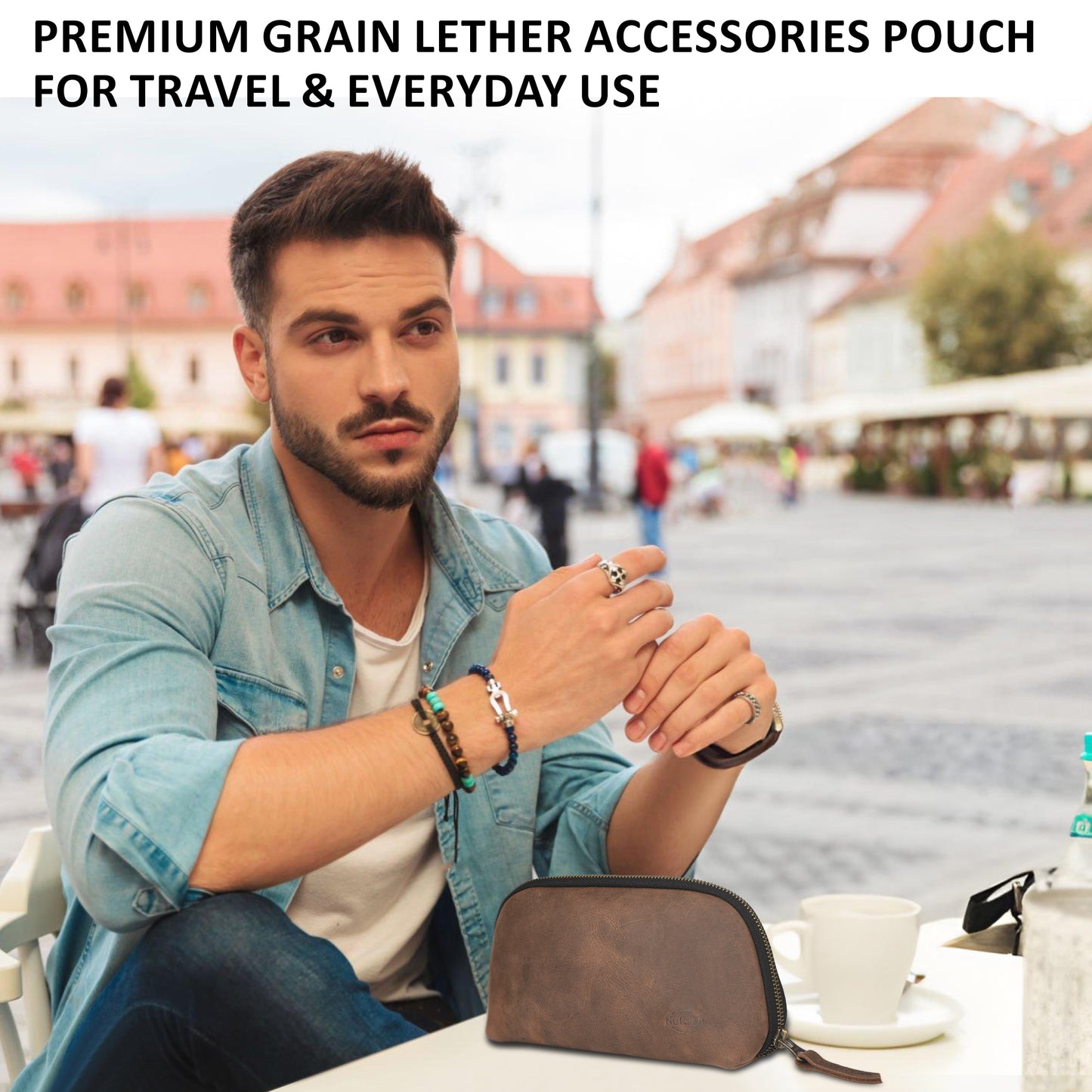 NUTUCH Leather Tech Pouch for Cables Chargers Phone | Tech Bag | Zipper Travel Accessory Pouch | Electric Organizer Case Travel Bag | Cord Cable Pouch | NT-701-T