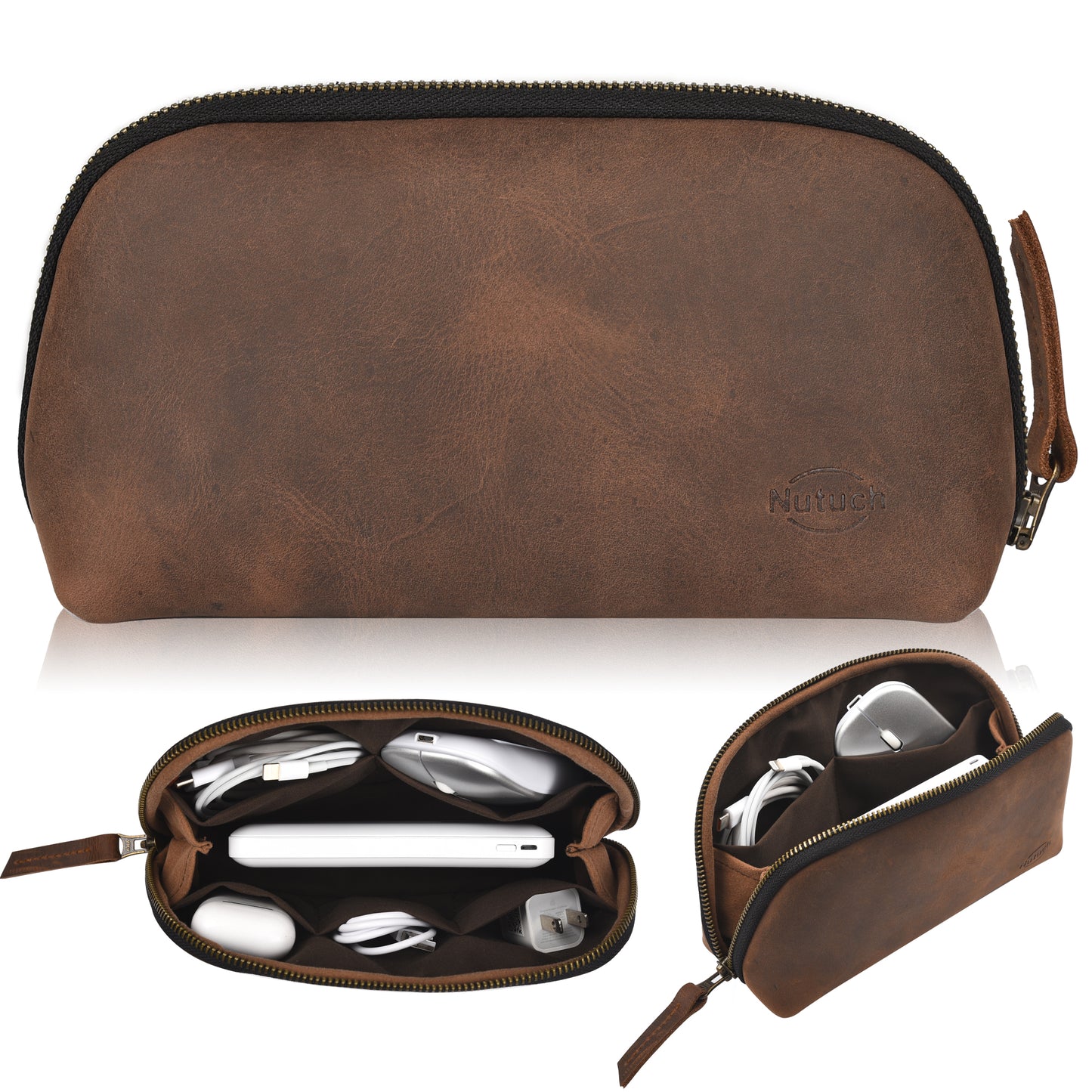 NUTUCH Leather Tech Pouch for Cables Chargers Phone | Tech Bag | Zipper Travel Accessory Pouch | Electric Organizer Case Travel Bag | Cord Cable Pouch | NT-701-T