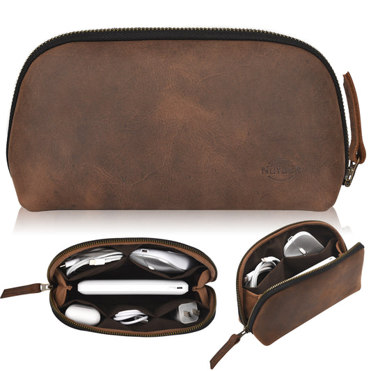 NUTUCH Leather Tech Pouch for Cables Chargers Phone | Tech Bag | Zipper Travel Accessory Pouch | Electric Organizer Case Travel Bag | Cord Cable Pouch | NT-701-T