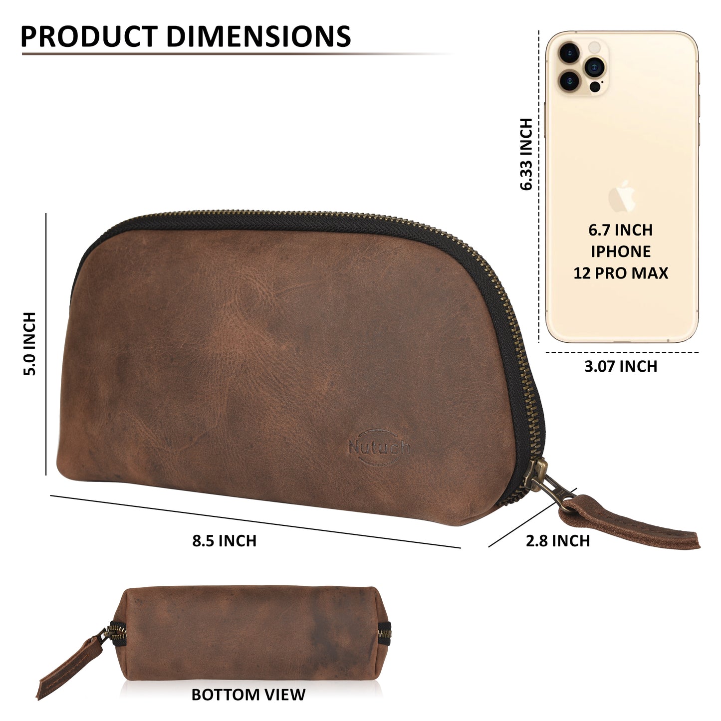 NUTUCH Leather Tech Pouch for Cables Chargers Phone | Tech Bag | Zipper Travel Accessory Pouch | Electric Organizer Case Travel Bag | Cord Cable Pouch | NT-701-T