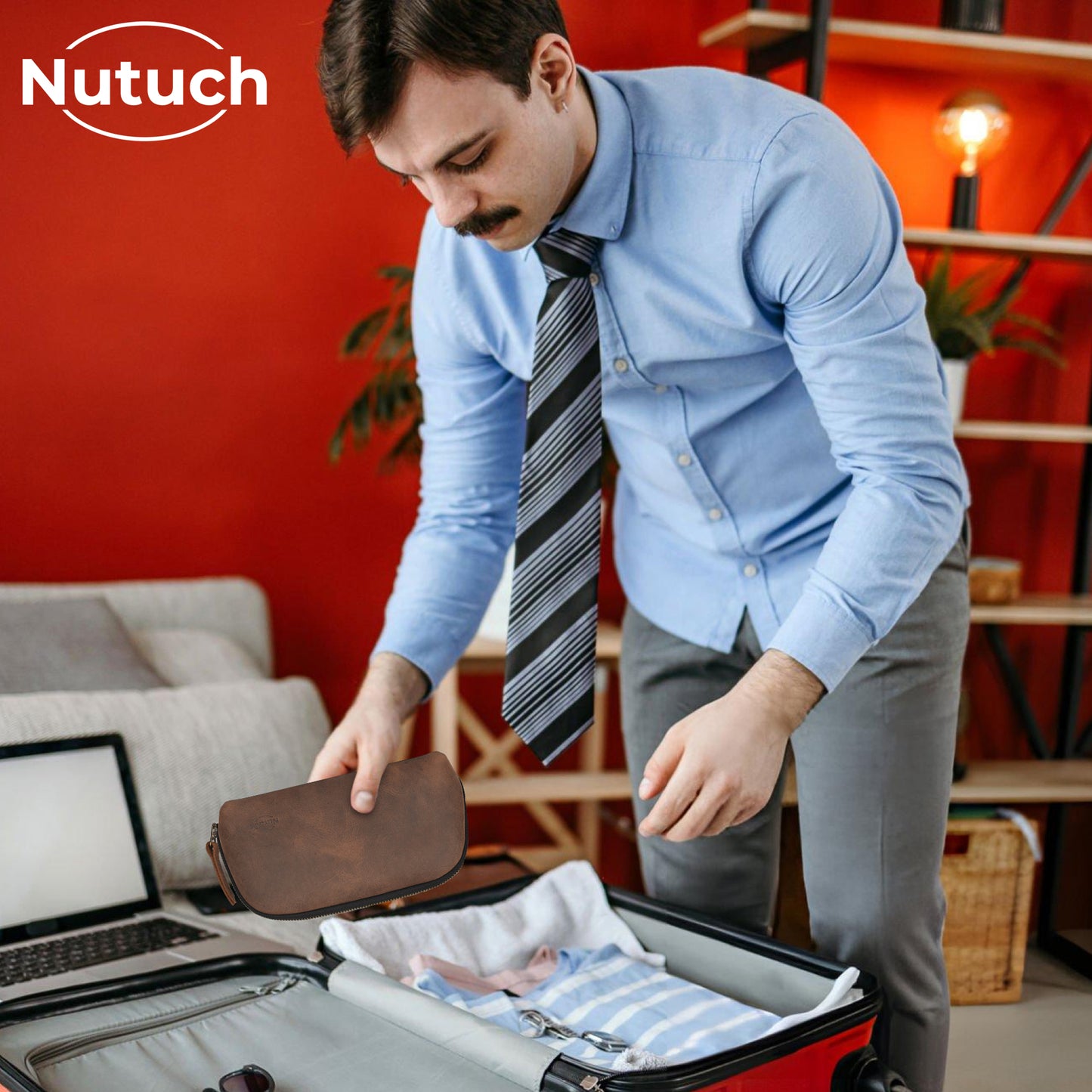 NUTUCH Leather Tech Pouch for Cables Chargers Phone | Tech Bag | Zipper Travel Accessory Pouch | Electric Organizer Case Travel Bag | Cord Cable Pouch | NT-701-T