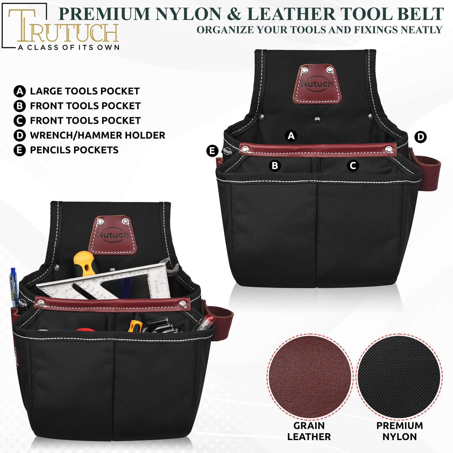 NUTUCH Black Nylon & Leather Tool Belt with Leather Work Suspender, Framers Tool Belt, Electrician, Construction, Drywall Tool Belt, NT-1200-R-1300-S