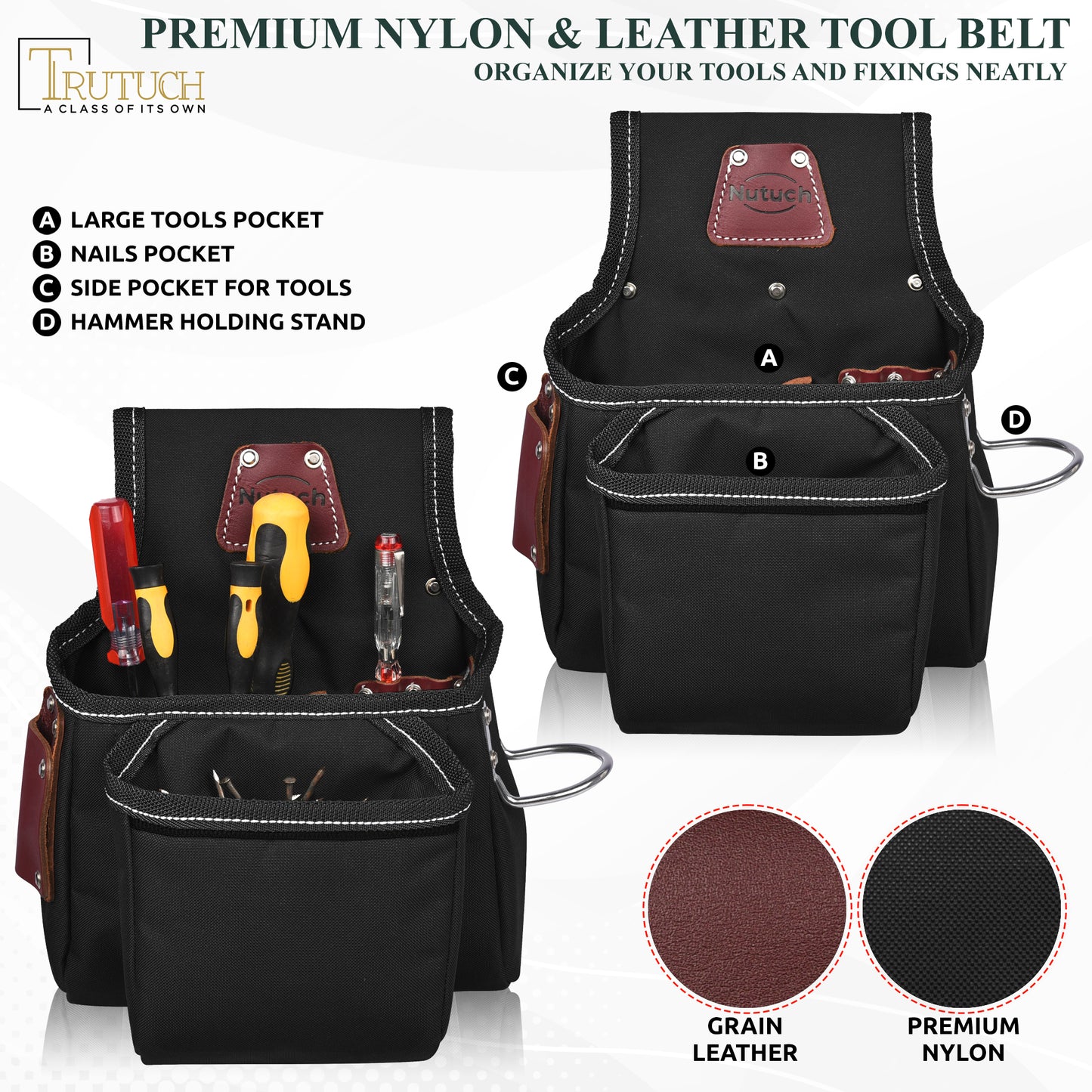 NUTUCH Black Nylon & Leather Tool Belt with Leather Work Suspender, Framers Tool Belt, Electrician, Construction, Drywall Tool Belt, NT-1200-R-1300-S