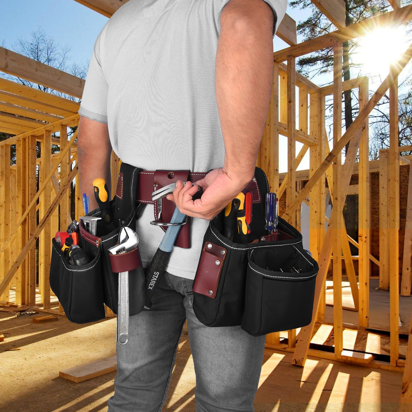 NUTUCH Black Nylon & Leather Tool Belt with Leather Work Suspender, Framers Tool Belt, Electrician, Construction, Drywall Tool Belt, NT-1200-R-1300-S