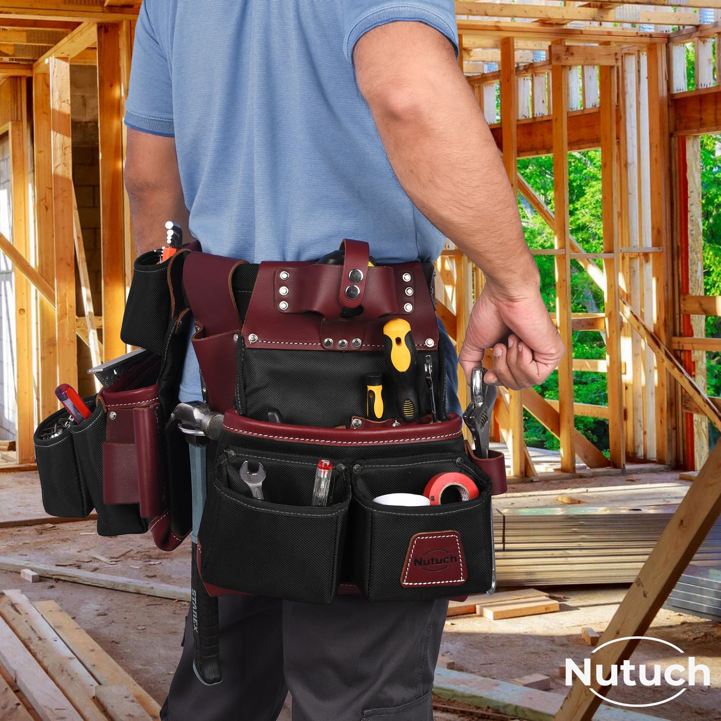 NUTUCH Black Nylon and Leather Tool Belt | Framing Tool Bags | Nylon Tool Pouch | Carpenter Tool Belt | Electrician Tool Belts | NT-1100-R