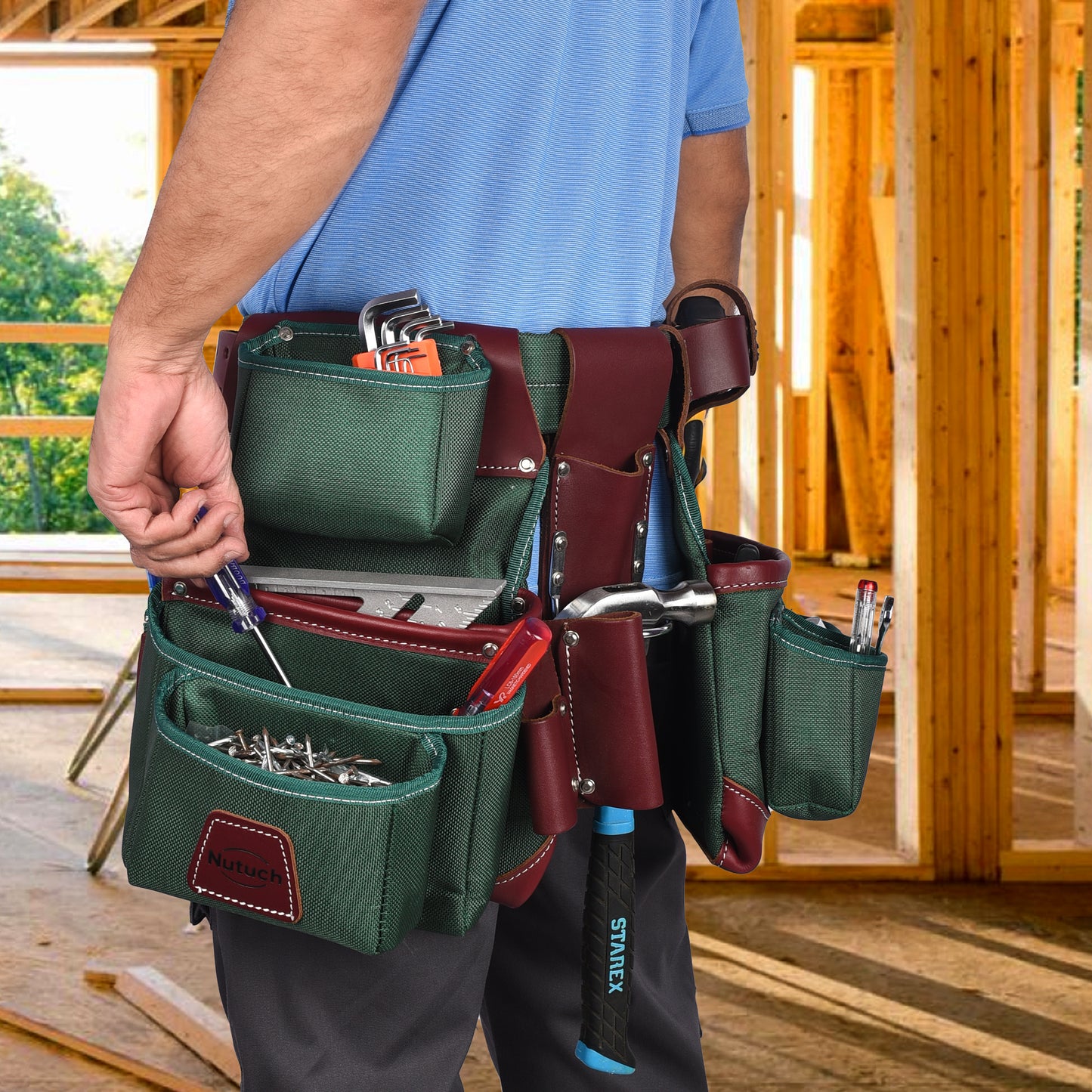 NUTUCH Green Nylon & Leather Tool Belt with Leather Work Suspender, Framers Tool Belt, Electrician, Construction, Drywall Tool Belt, NT-1110-R-1300-S