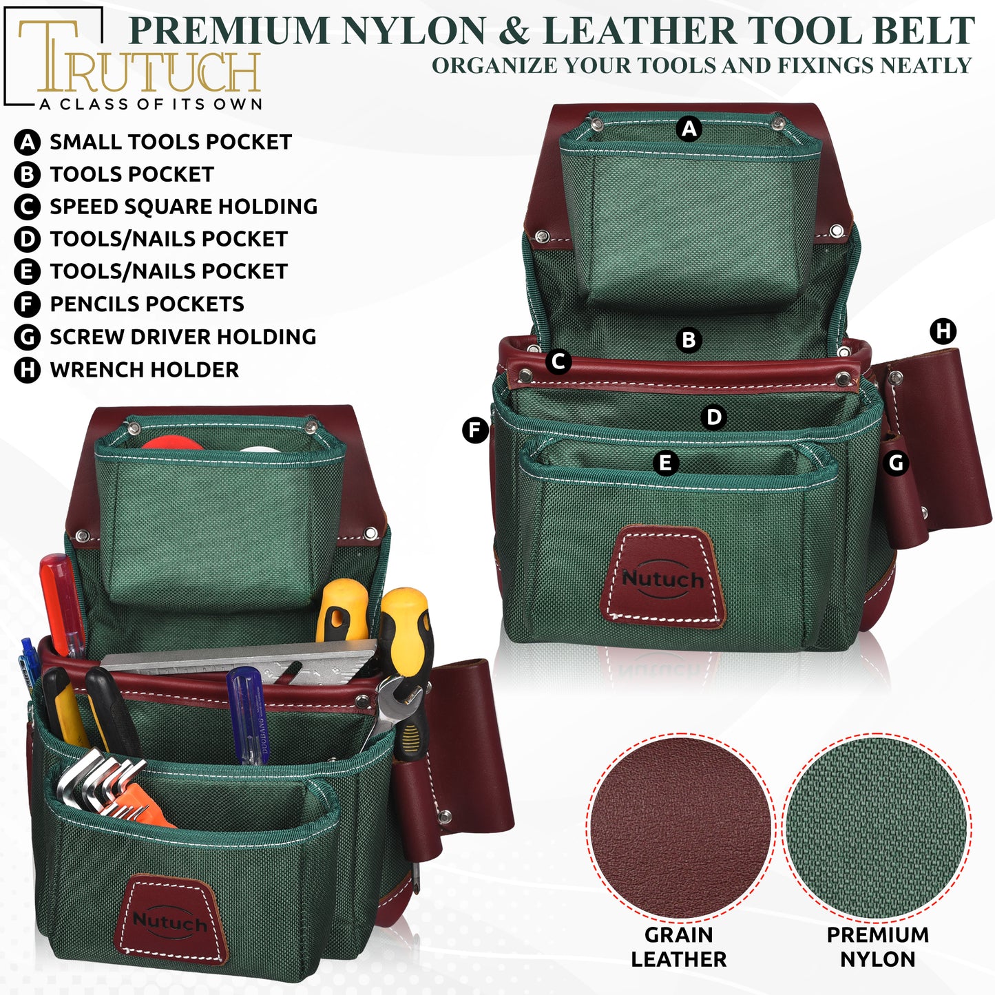 NUTUCH Green Nylon & Leather Tool Belt with Leather Work Suspender, Framers Tool Belt, Electrician, Construction, Drywall Tool Belt, NT-1110-R-1300-S