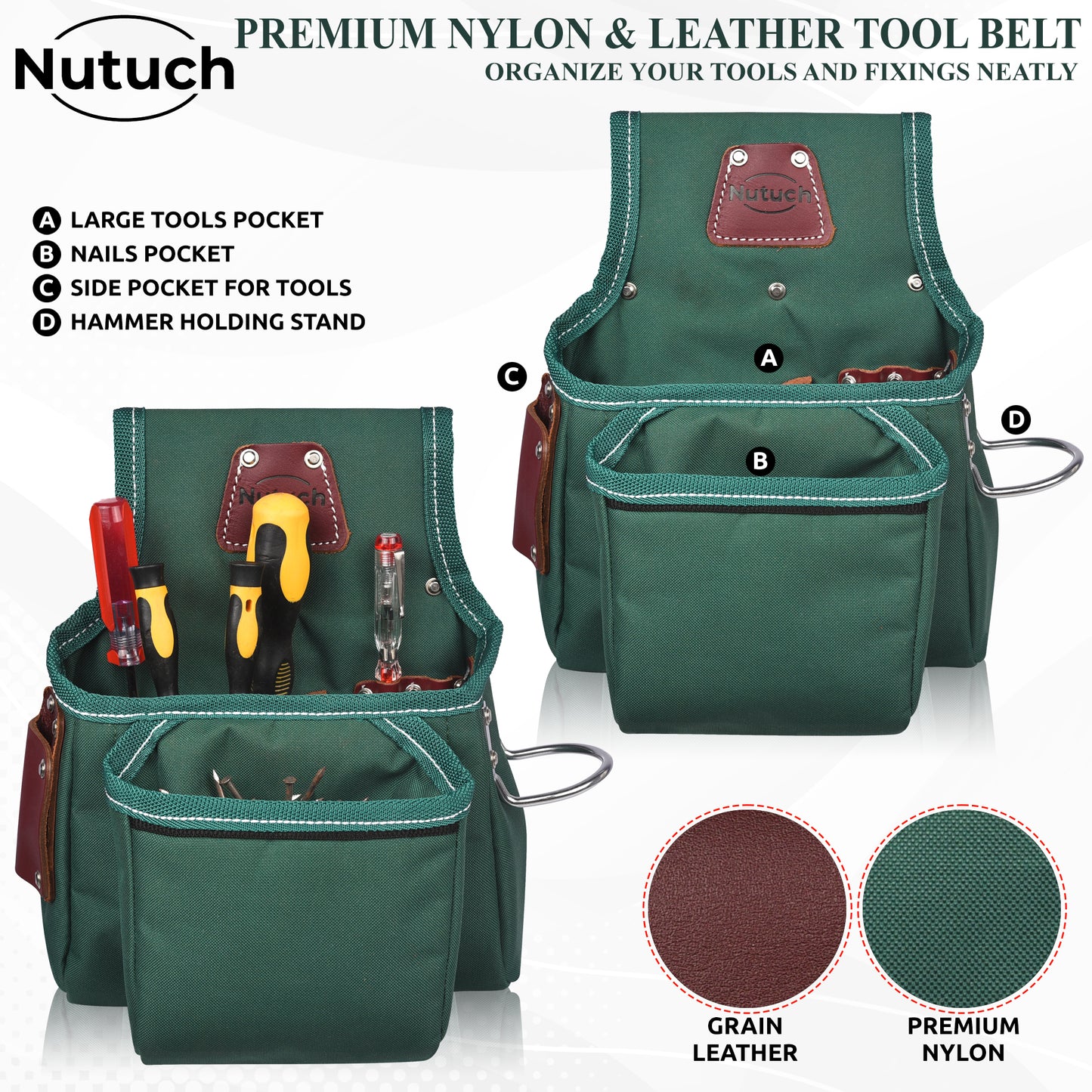 NUTUCH Green Heavy Duty Nylon and Leather Tool Belt | Framing Tool Bags | Nylon Tool Pouch | Carpenter Tool Belt | Electrician Tool Belts | NT-1210-R