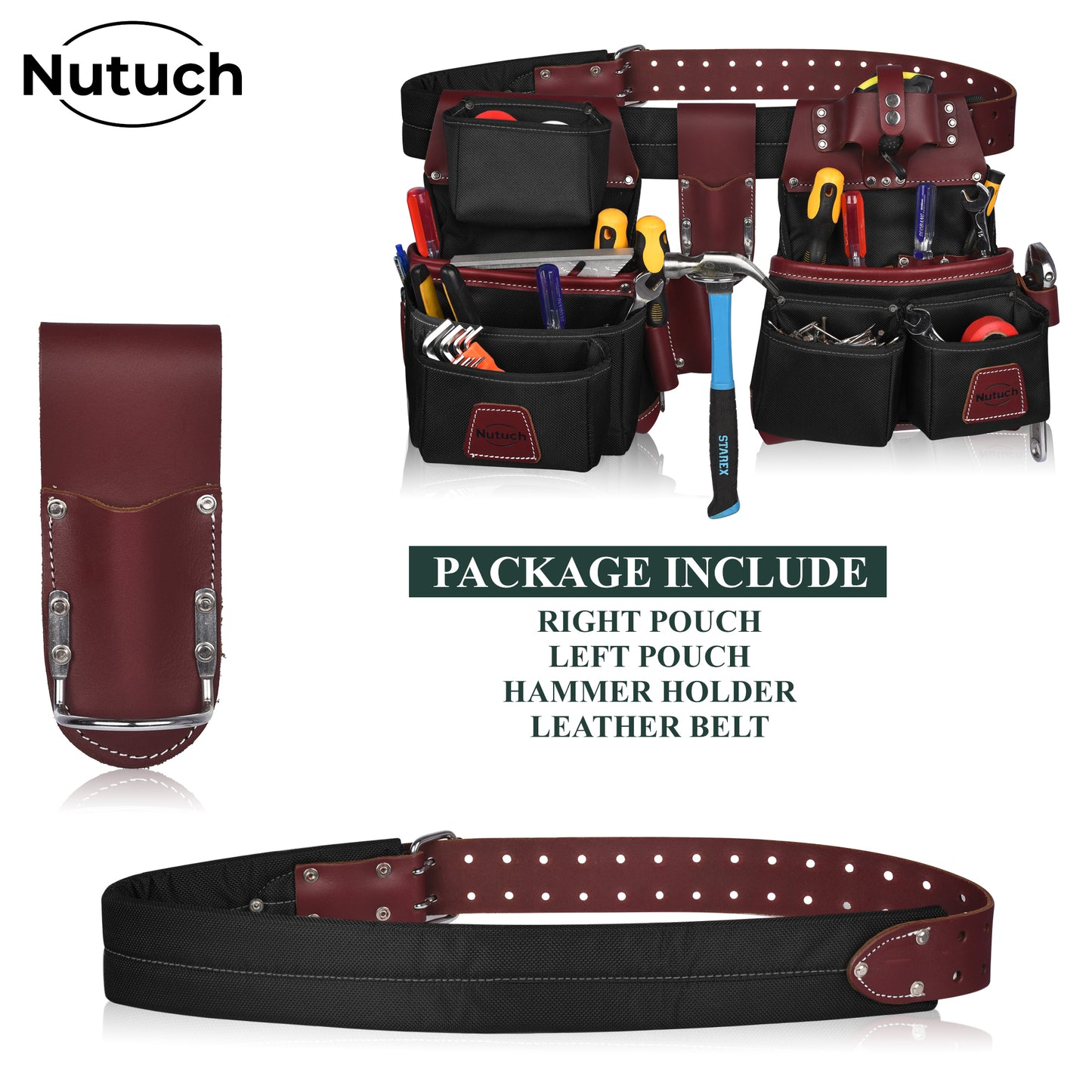 NUTUCH Black Nylon and Leather Tool Belt | Framing Tool Bags | Nylon Tool Pouch | Carpenter Tool Belt | Electrician Tool Belts | NT-1100-R