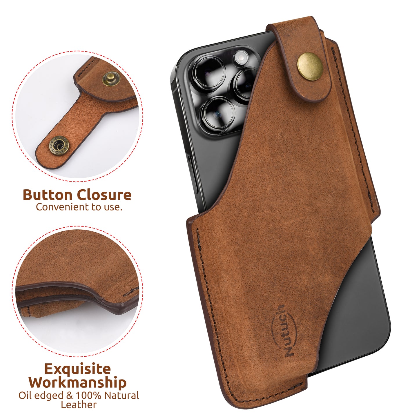 NUTUCH Genuine Leather Phone Holster with Belt Clip | Cell Phone Case for iPhone and Smartphone | Cell Phone Holsters Holders | NT-505-CP