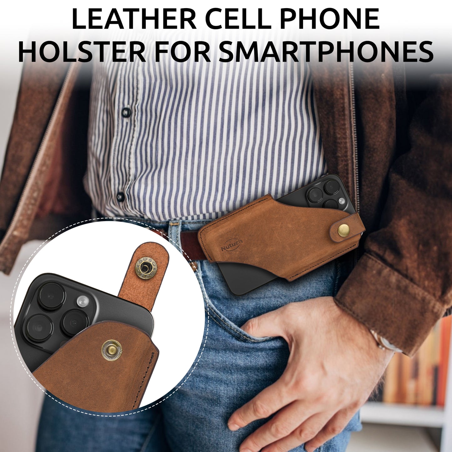 NUTUCH Genuine Leather Phone Holster with Belt Clip | Cell Phone Case for iPhone and Smartphone | Cell Phone Holsters Holders | NT-505-CP