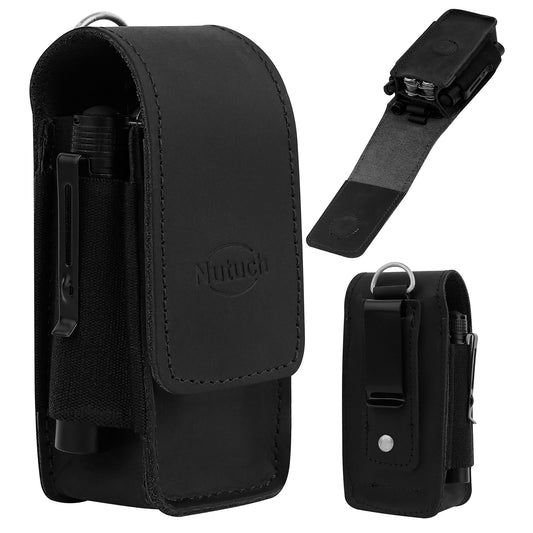 NUTUCH Black Leather EDC Multitool Sheath with Flip Closure | Leather EDC Belt Organizer | Flashlight Holster | Heavy Duty Multitool Organizer | Flashlight, Pen, Keychain Clip Ideal Gift for Men | NT-514-EDC-BL