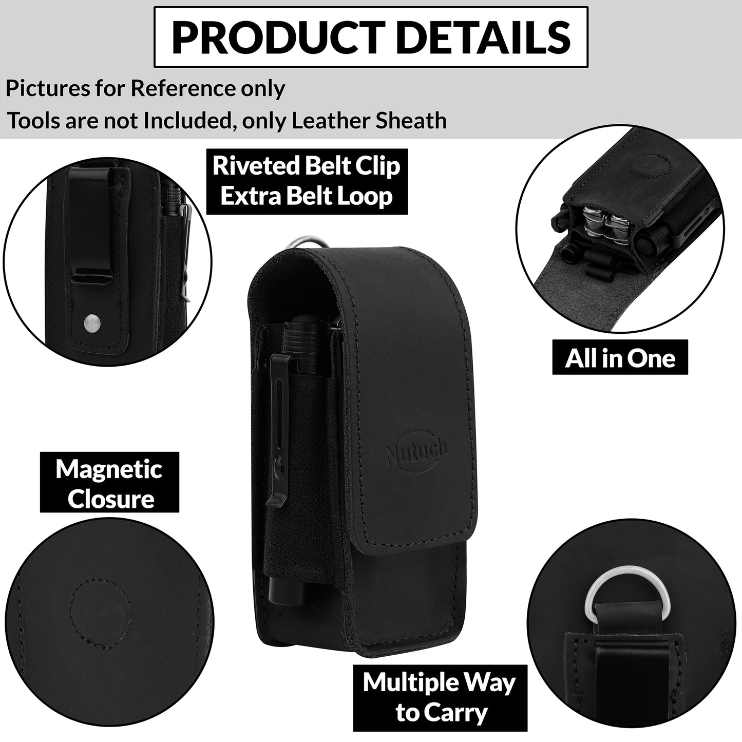 NUTUCH Black Leather EDC Multitool Sheath with Flip Closure | Leather EDC Belt Organizer | Flashlight Holster | Heavy Duty Multitool Organizer | Flashlight, Pen, Keychain Clip Ideal Gift for Men | NT-514-EDC-BL