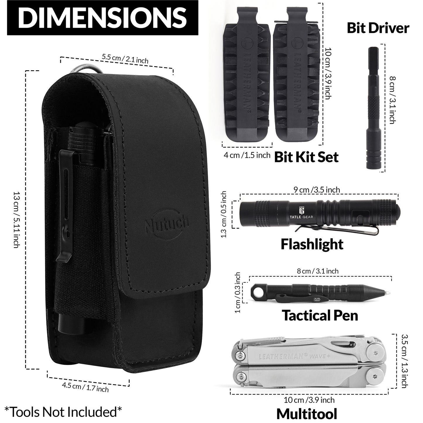NUTUCH Black Leather EDC Multitool Sheath with Flip Closure | Leather EDC Belt Organizer | Flashlight Holster | Heavy Duty Multitool Organizer | Flashlight, Pen, Keychain Clip Ideal Gift for Men | NT-514-EDC-BL