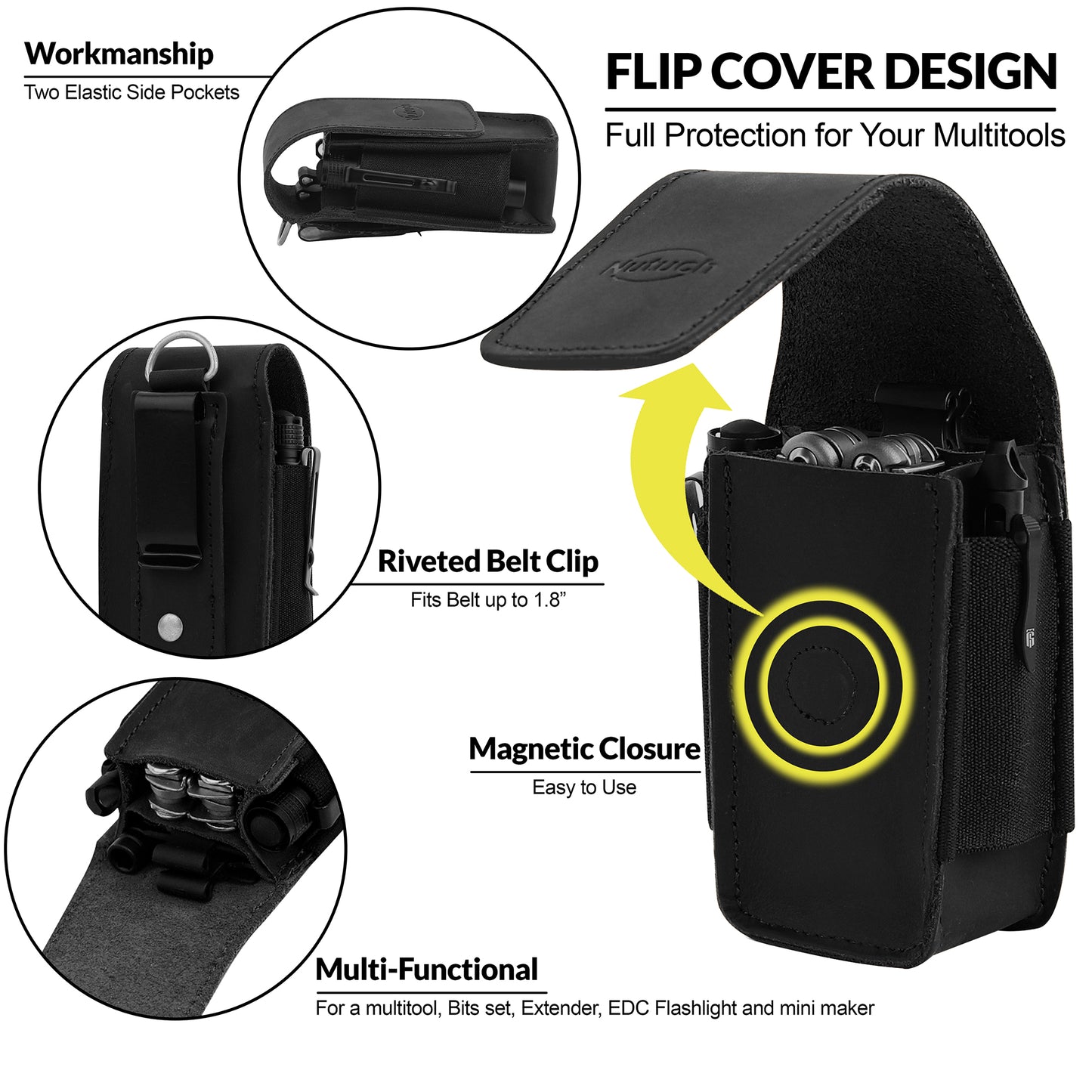 NUTUCH Black Leather EDC Multitool Sheath with Flip Closure | Leather EDC Belt Organizer | Flashlight Holster | Heavy Duty Multitool Organizer | Flashlight, Pen, Keychain Clip Ideal Gift for Men | NT-514-EDC-BL