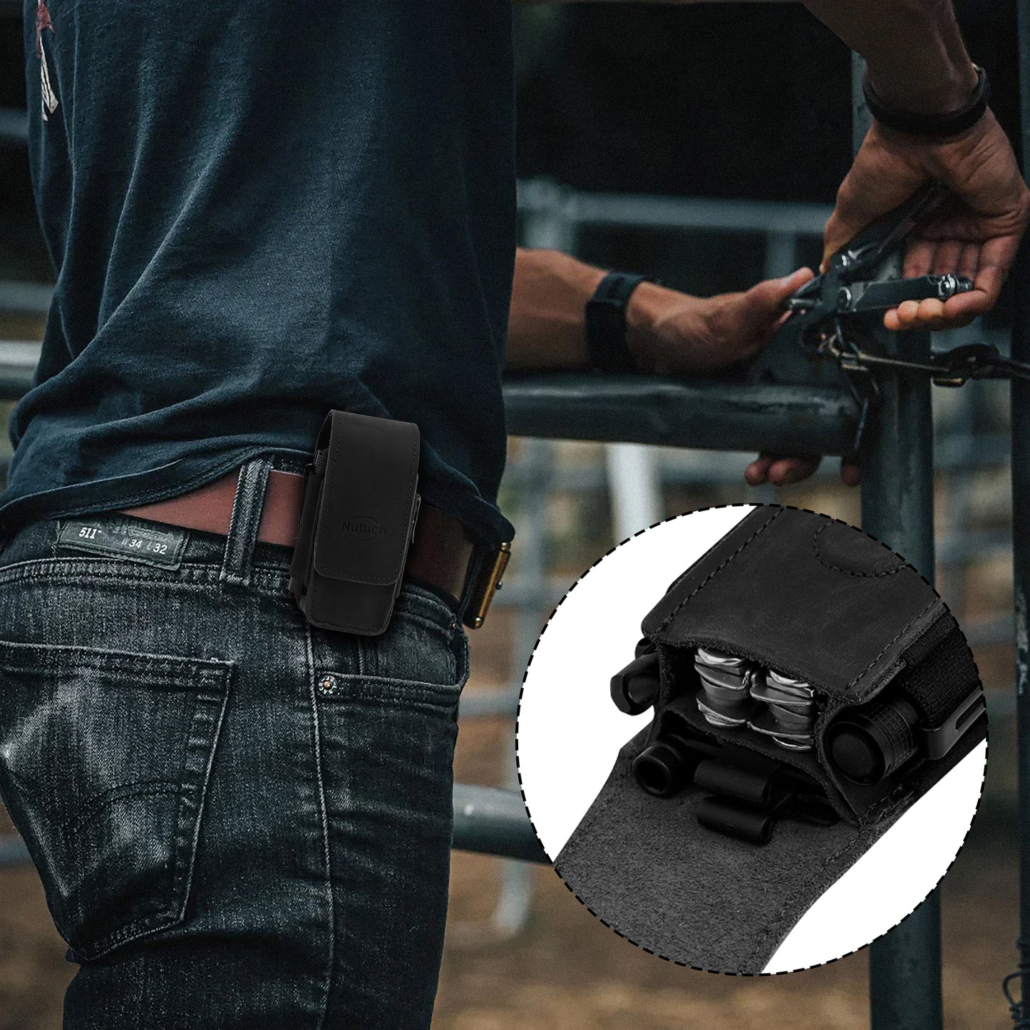 NUTUCH Black Leather EDC Multitool Sheath with Flip Closure | Leather EDC Belt Organizer | Flashlight Holster | Heavy Duty Multitool Organizer | Flashlight, Pen, Keychain Clip Ideal Gift for Men | NT-514-EDC-BL