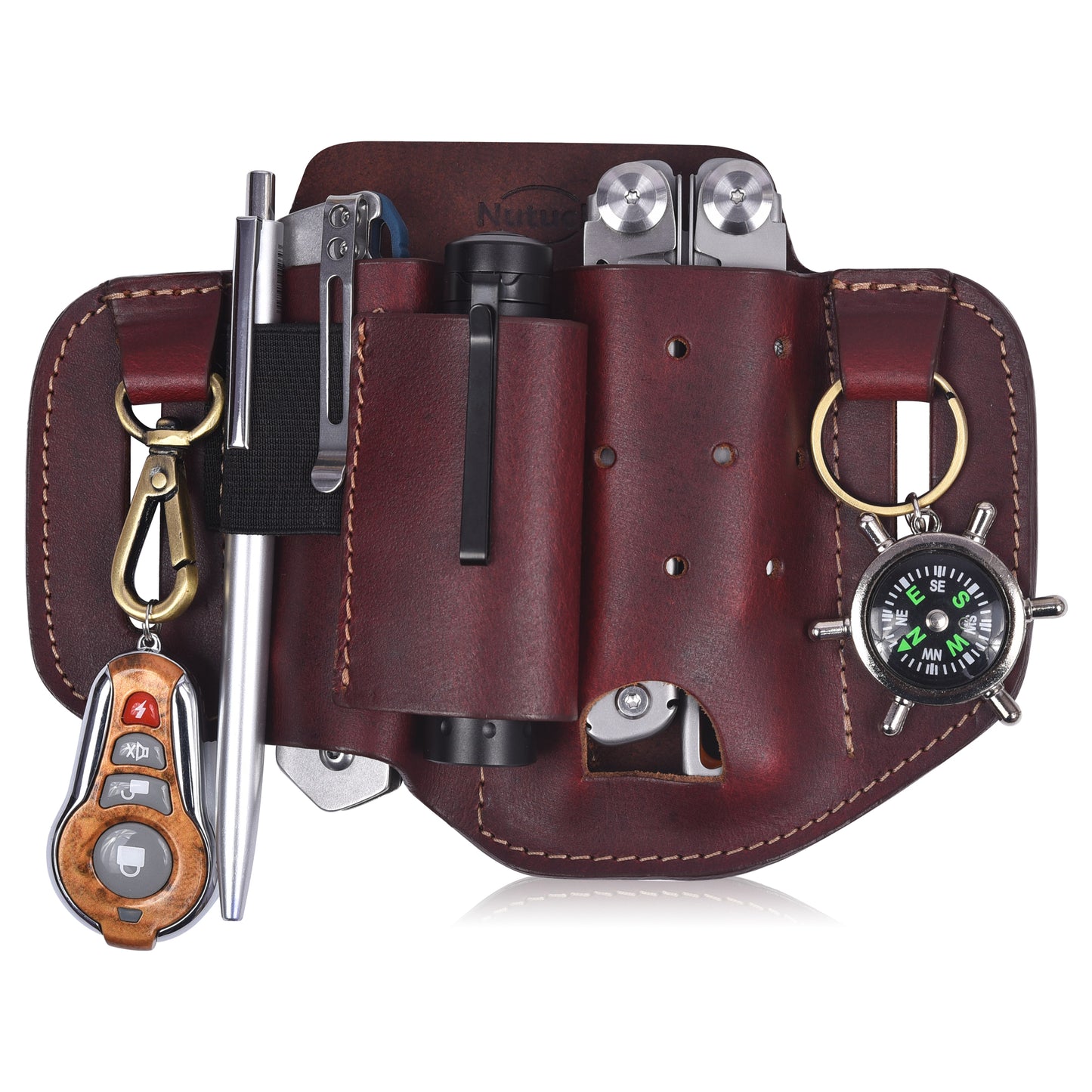 NUTUCH Leather EDC Multitool Sheath | Leather EDC Belt Organizer | Flashlight Holster | Heavy Duty Leather Multitool Organizer | Flashlight, Pen, Keychain Clip Ideal Gift for Men