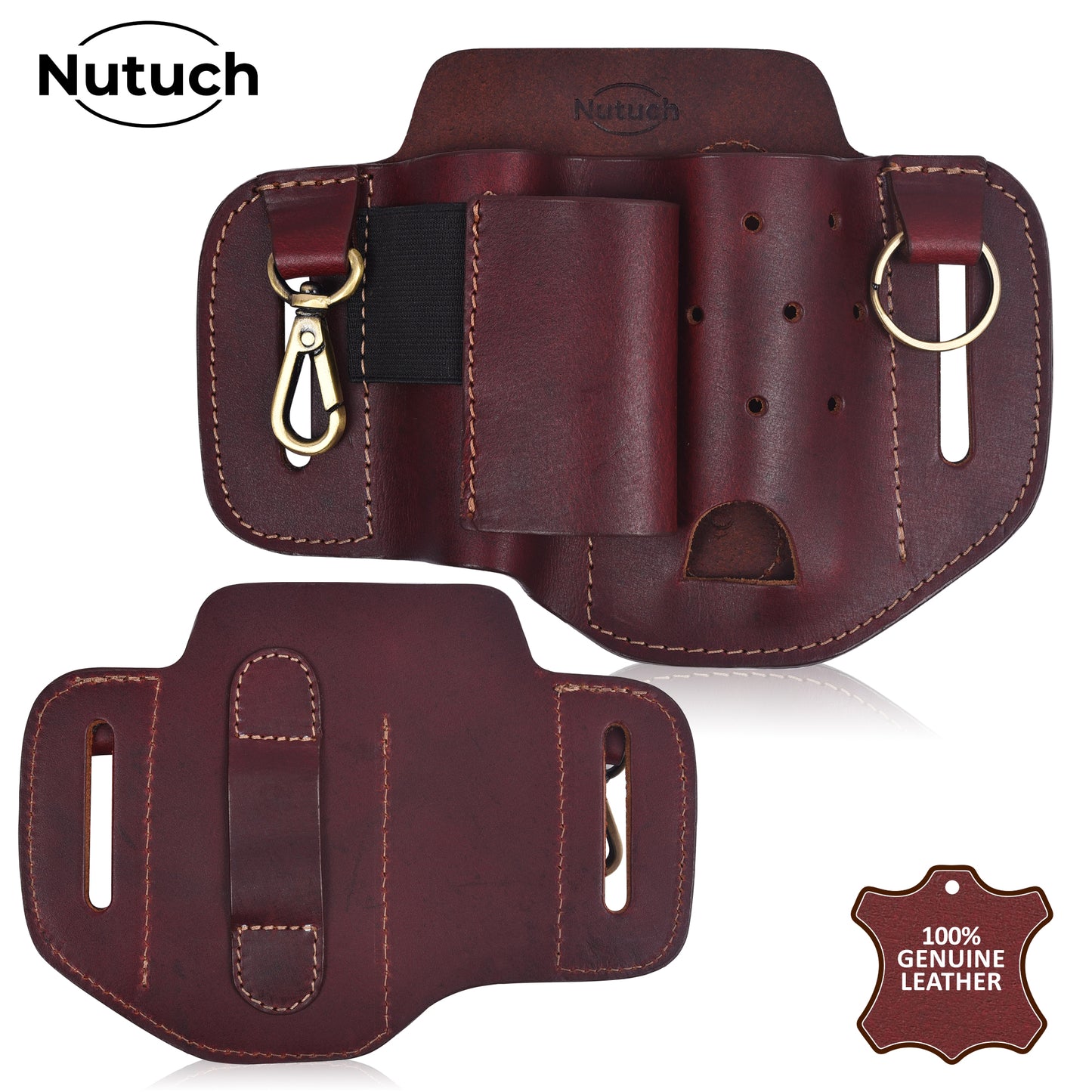 NUTUCH Leather EDC Multitool Sheath | Leather EDC Belt Organizer | Flashlight Holster | Heavy Duty Leather Multitool Organizer | Flashlight, Pen, Keychain Clip Ideal Gift for Men