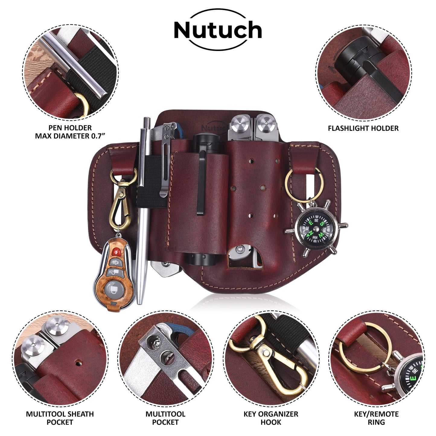 NUTUCH Leather EDC Multitool Sheath | Leather EDC Belt Organizer | Flashlight Holster | Heavy Duty Leather Multitool Organizer | Flashlight, Pen, Keychain Clip Ideal Gift for Men