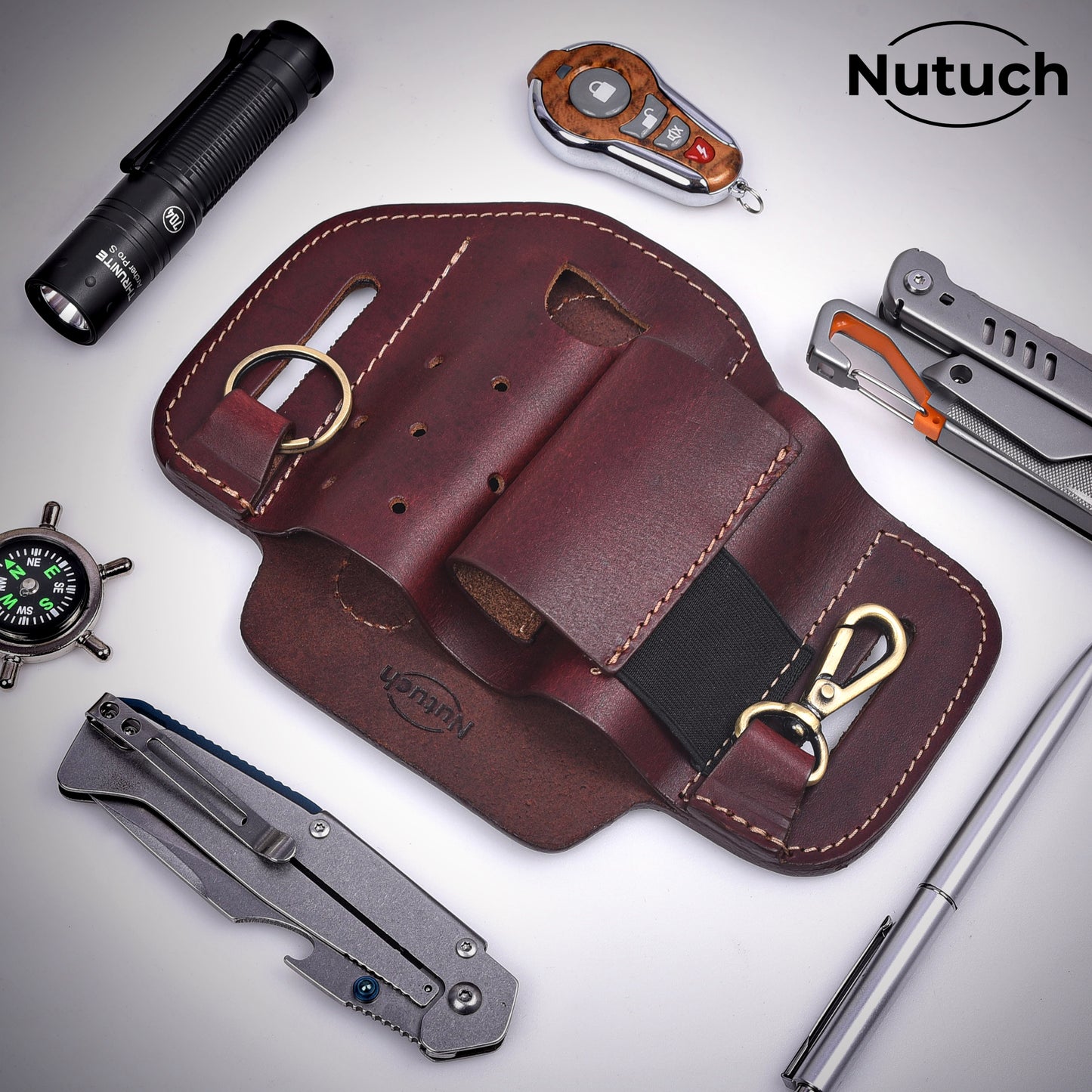 NUTUCH Leather EDC Multitool Sheath | Leather EDC Belt Organizer | Flashlight Holster | Heavy Duty Leather Multitool Organizer | Flashlight, Pen, Keychain Clip Ideal Gift for Men