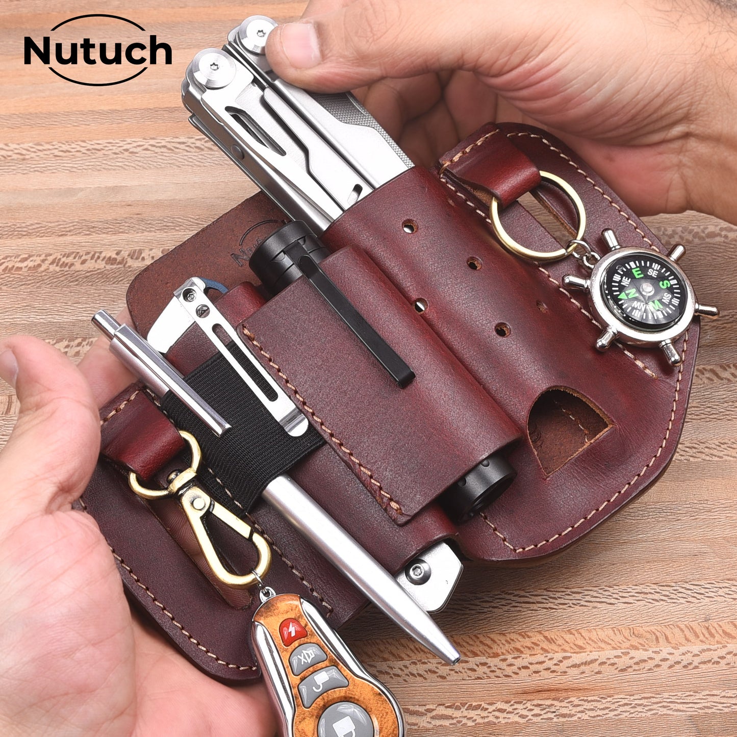 NUTUCH Leather EDC Multitool Sheath | Leather EDC Belt Organizer | Flashlight Holster | Heavy Duty Leather Multitool Organizer | Flashlight, Pen, Keychain Clip Ideal Gift for Men