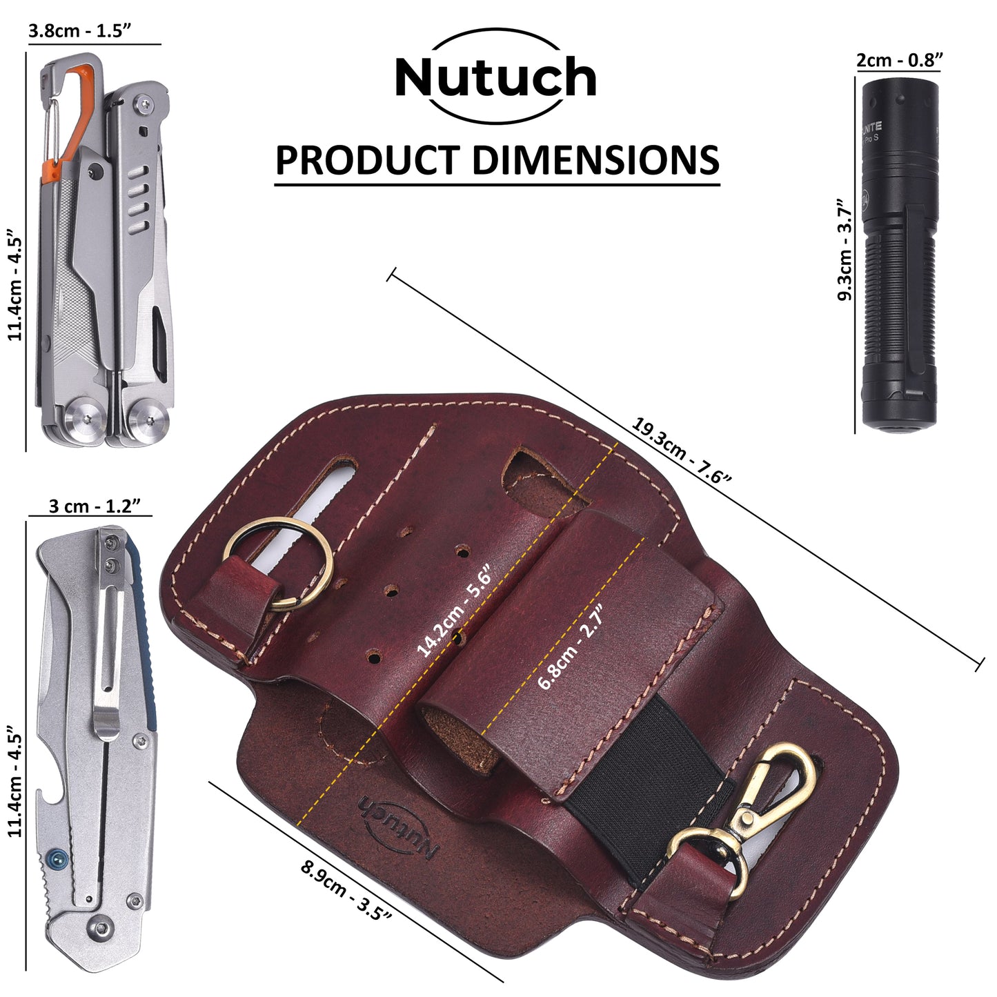 NUTUCH Leather EDC Multitool Sheath | Leather EDC Belt Organizer | Flashlight Holster | Heavy Duty Leather Multitool Organizer | Flashlight, Pen, Keychain Clip Ideal Gift for Men