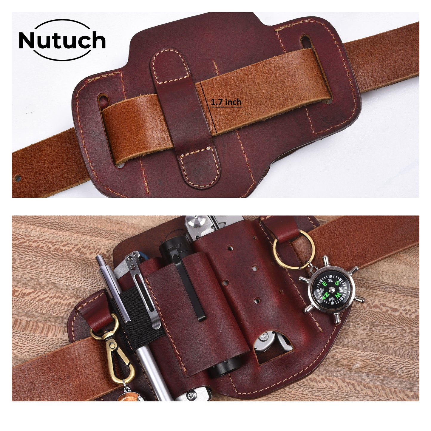 NUTUCH Leather EDC Multitool Sheath | Leather EDC Belt Organizer | Flashlight Holster | Heavy Duty Leather Multitool Organizer | Flashlight, Pen, Keychain Clip Ideal Gift for Men