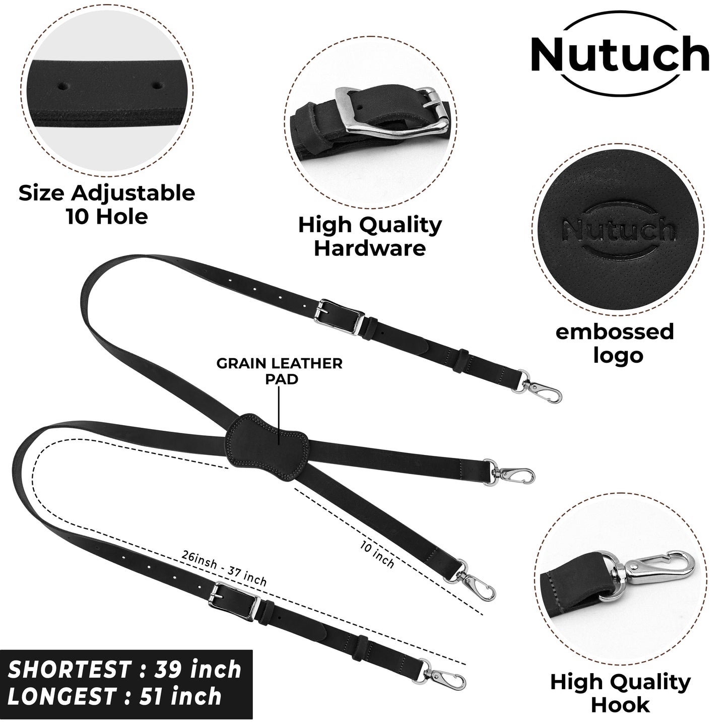 NUTUCH | Grain Buffalo Leather Suspender for Men | Black Suspenders | Leather Braces | Western Heavy Duty Dress Suspender men |  NT-605-S