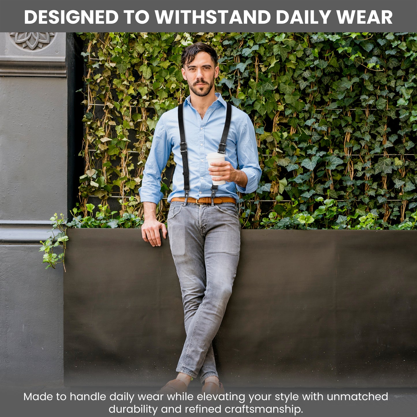 NUTUCH Grain Buffalo Leather Suspender for Men | Black Suspenders | Leather Braces | Western Heavy Duty Dress Suspender men NT-608-S