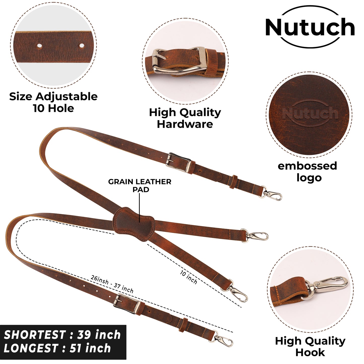NUTUCH Grain Buffalo Leather Suspender for Men | Vintage Suspenders | Leather Braces | Western Heavy Duty Dress Suspender men NT-606-S