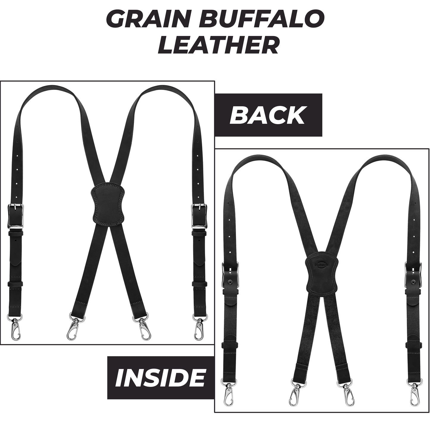 NUTUCH | Grain Buffalo Leather Suspender for Men | Black Suspenders | Leather Braces | Western Heavy Duty Dress Suspender men |  NT-605-S