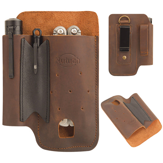 NUTUCH Leather EDC Multitool Sheath | Leather EDC Belt Organizer | Flashlight Holster | Heavy Duty Leatherman Multitool Organizer | Flashlight, Pen, Keychain Clip Ideal Gift for Men| NT-513-EDC-BR