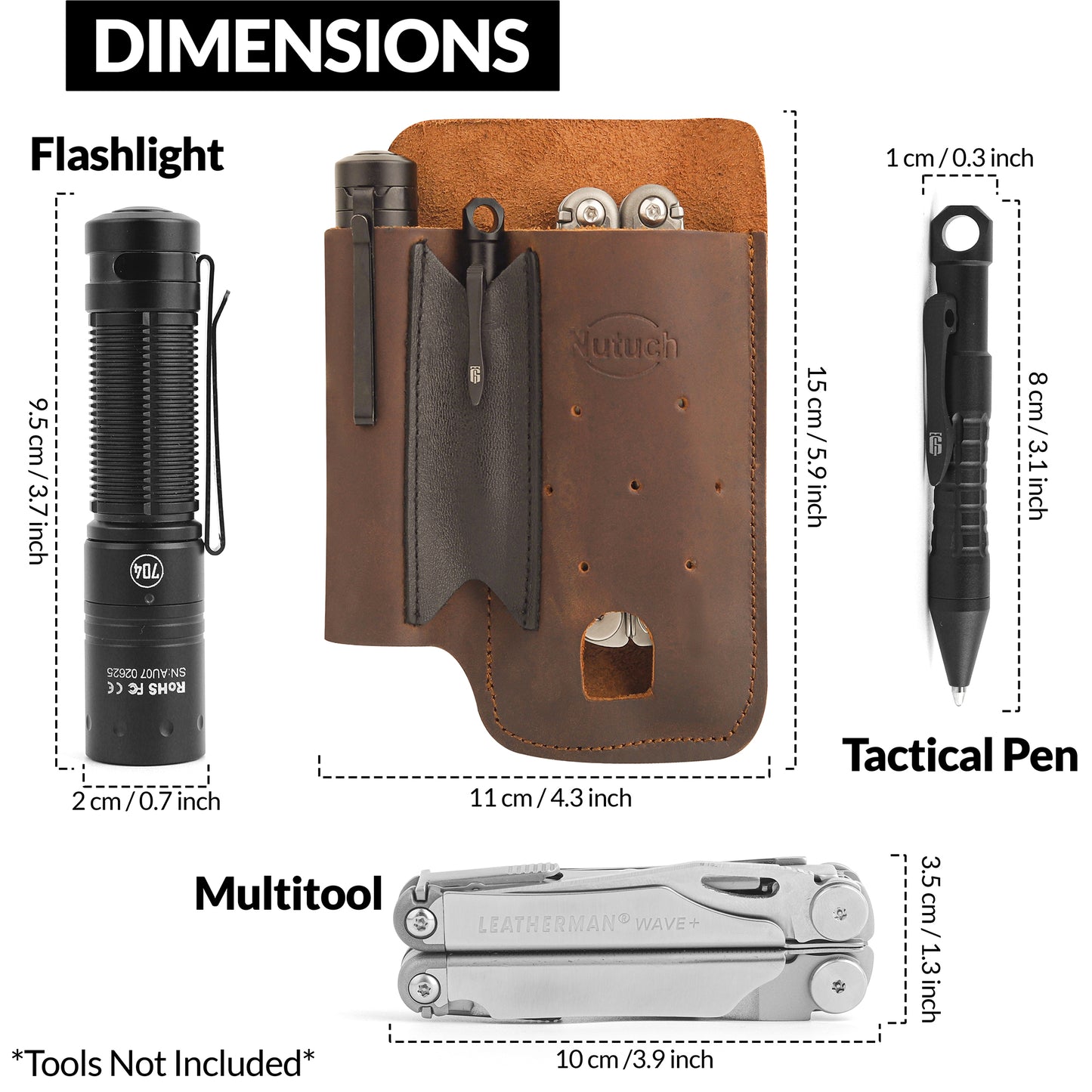 NUTUCH Leather EDC Multitool Sheath | Leather EDC Belt Organizer | Flashlight Holster | Heavy Duty Leatherman Multitool Organizer | Flashlight, Pen, Keychain Clip Ideal Gift for Men| NT-513-EDC-BR