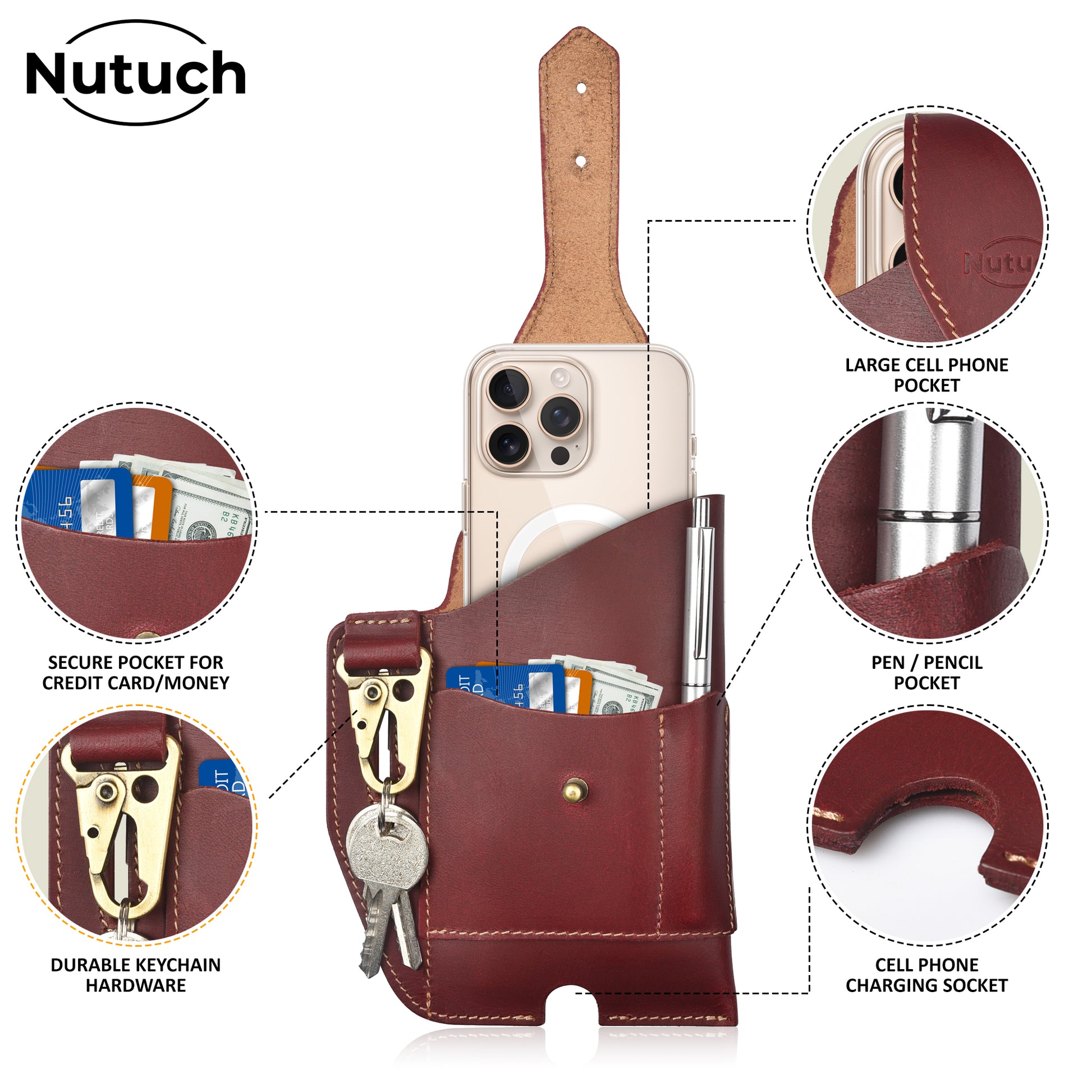 NUTUCH Genuine Leather Phone Holster Cell Phone Case for iPhone and