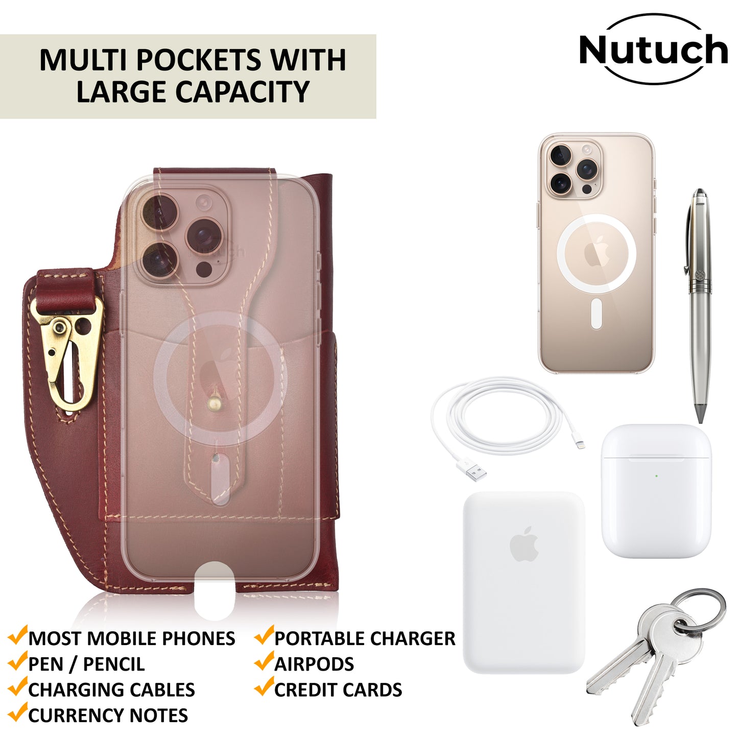 NUTUCH Genuine Leather Phone Holster | Cell Phone Case for iPhone and Smartphone | Leather Phone Case Keychain | Construction Worker Phone Case | NT-501-CP