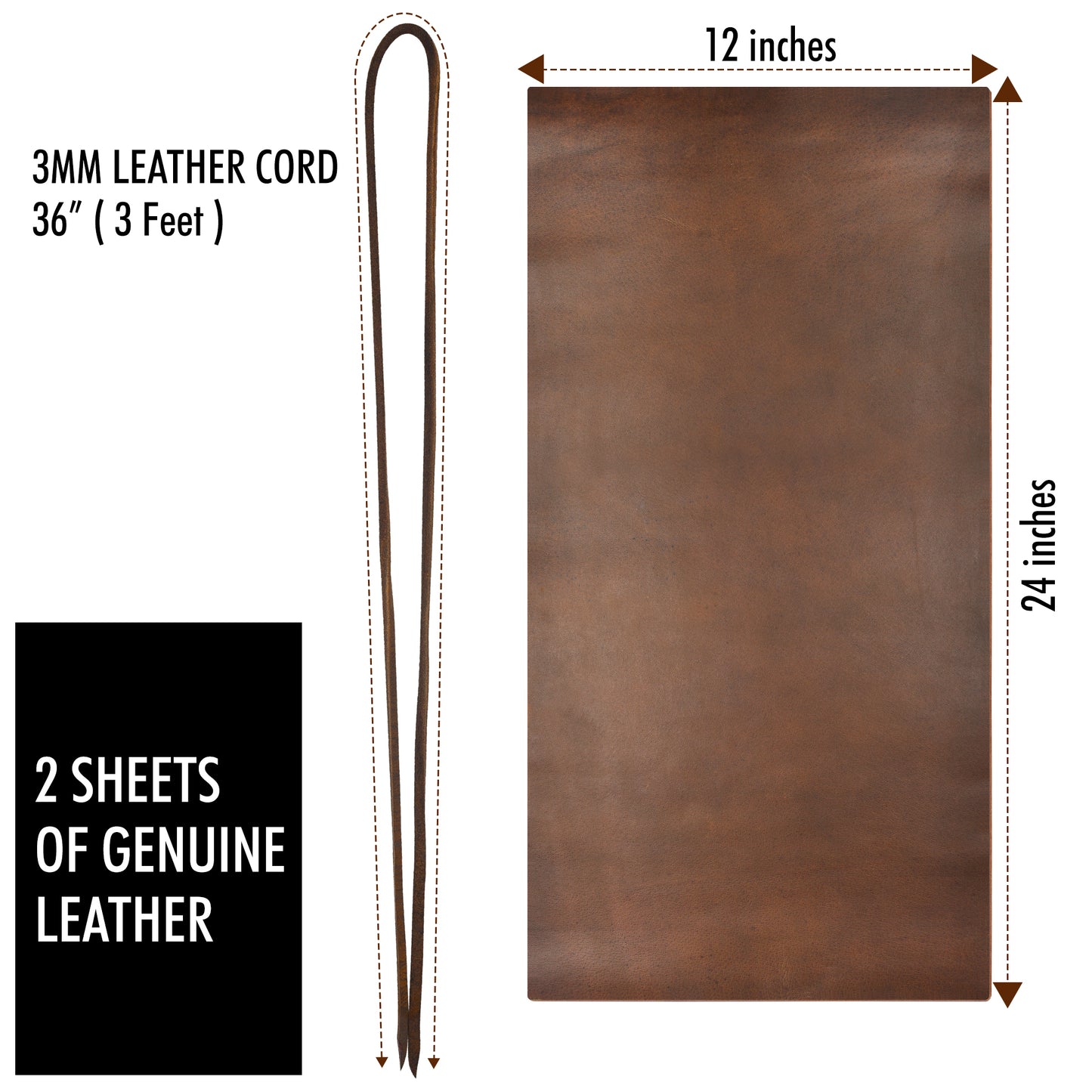 NUTUCH Genuine Leather Sheets for Crafts | 2 Sheets | Leather Crafting Sheet Leatherworking Arts | 12" x 24" inches + 36" Leather Cord | NT-500-B-LS-24