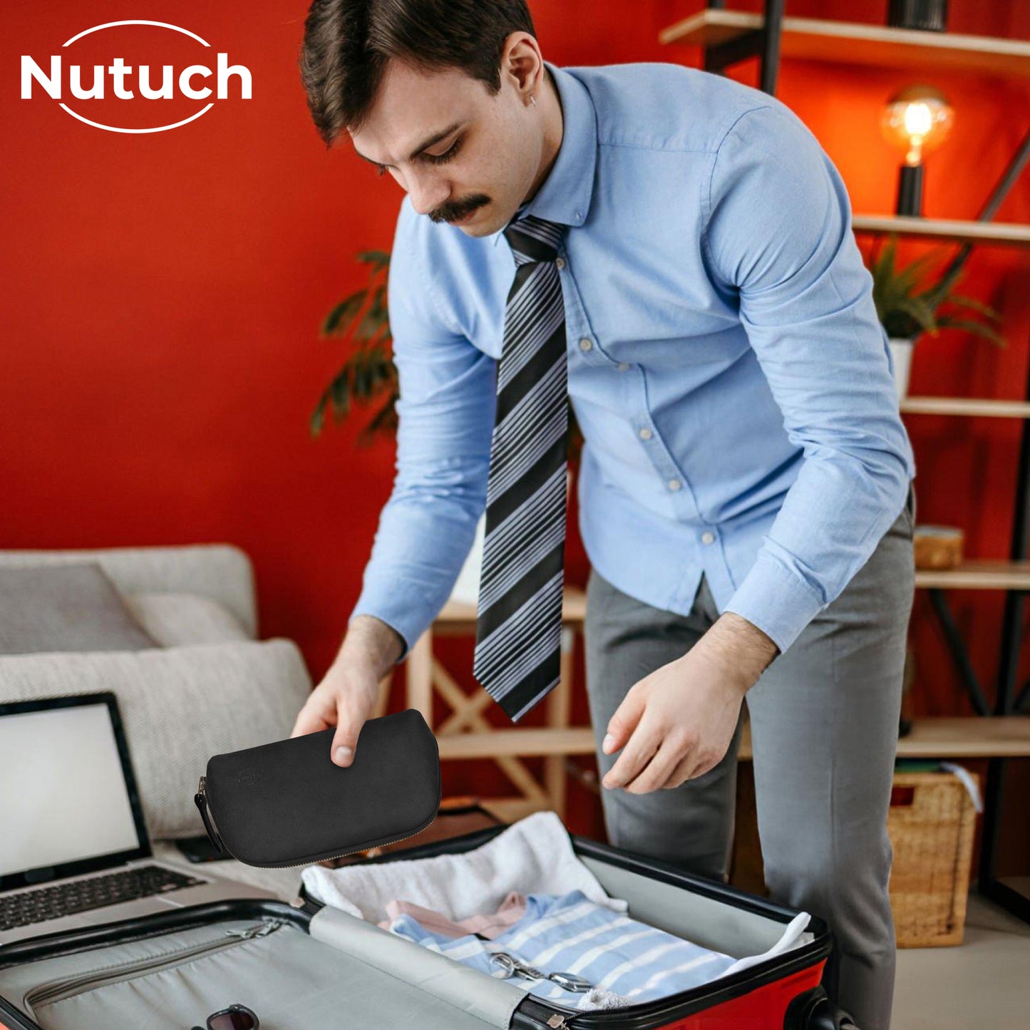 NUTUCH Black Leather Tech Pouch for Cables Chargers Phone | Tech Bag | Zipper Travel Accessory Pouch | Electric Organizer Case Travel Bag | Cord Cable Pouch | NT-701-T-BL